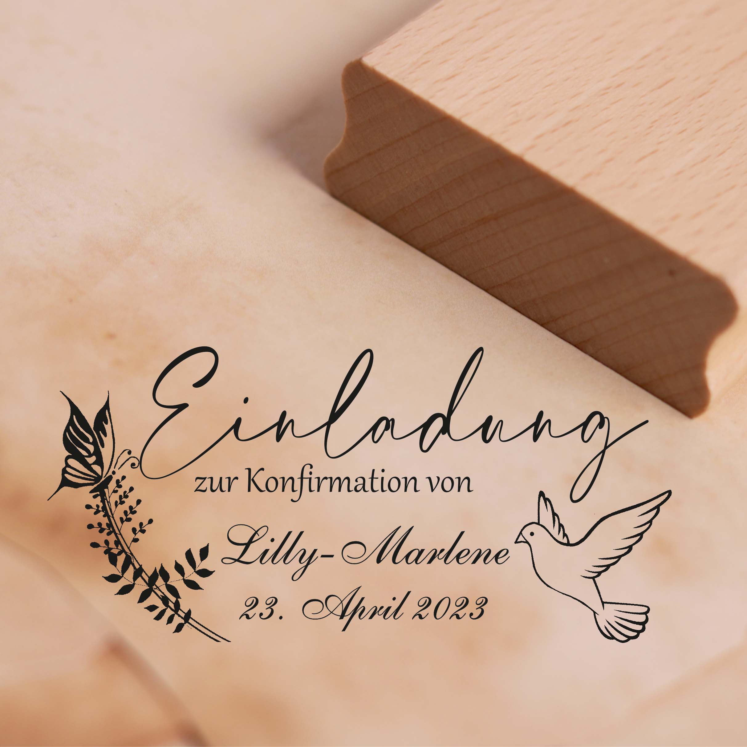 Stempel Einladung zur Konfirmation von - mit Name und Datum - Taube Schmetterling 58x28mm