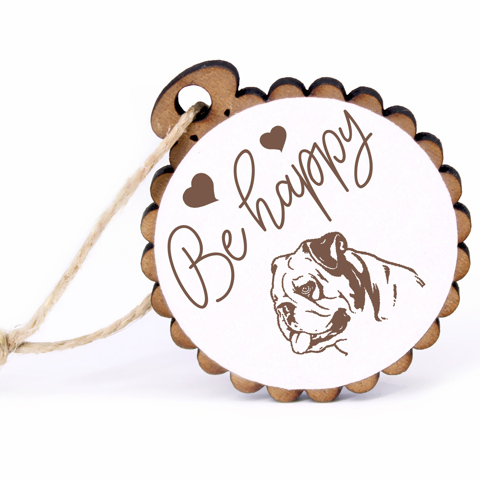Geschenkanhänger - Be Happy Englische Bulldoge -  Holz Ø-5cm - mit Juteband
