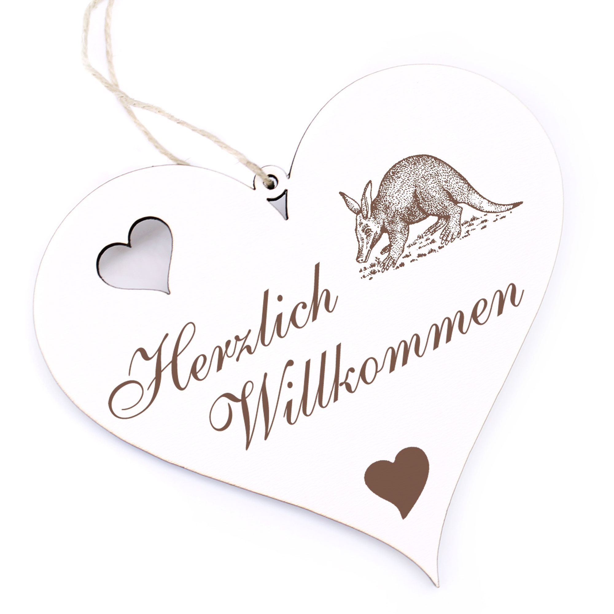 Herzlich Willkommen Schild - Erdferkel - Deko Herz Holz