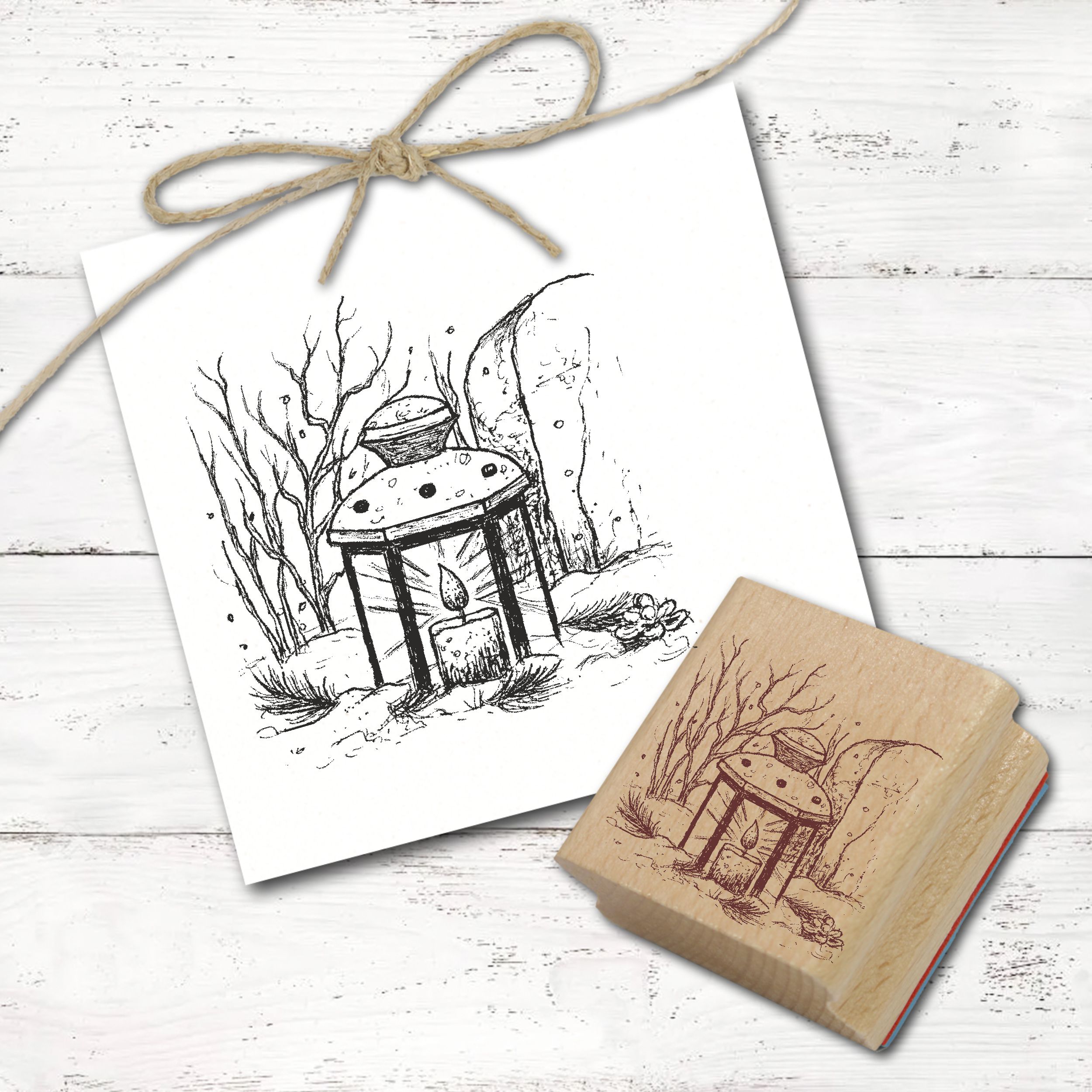 Motivstempel Laterne mit Kerze am Grab - Stempel Winter Trauer Holzstempel 58mm x 58mm