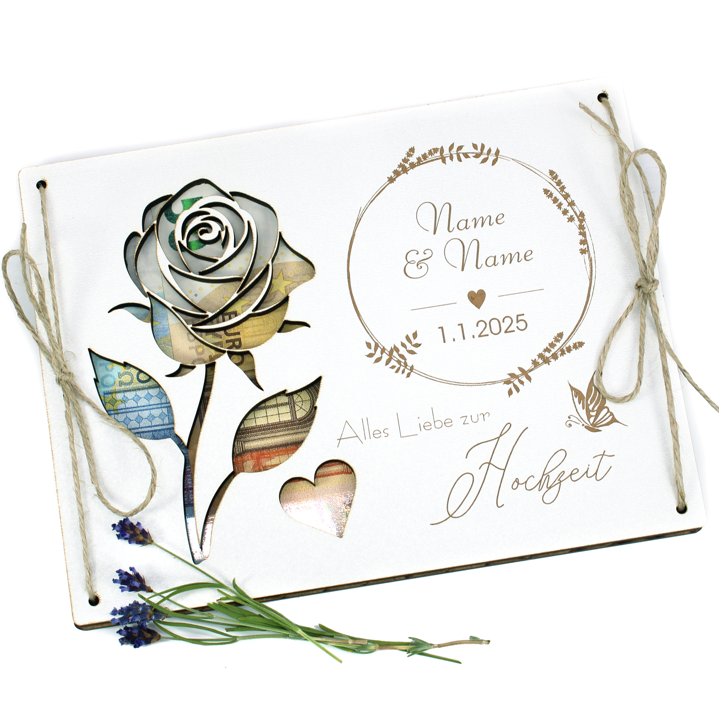 Personalisiertes Geldgeschenk zur Hochzeit - Holzkarte mit Rose, Namen und Datum 