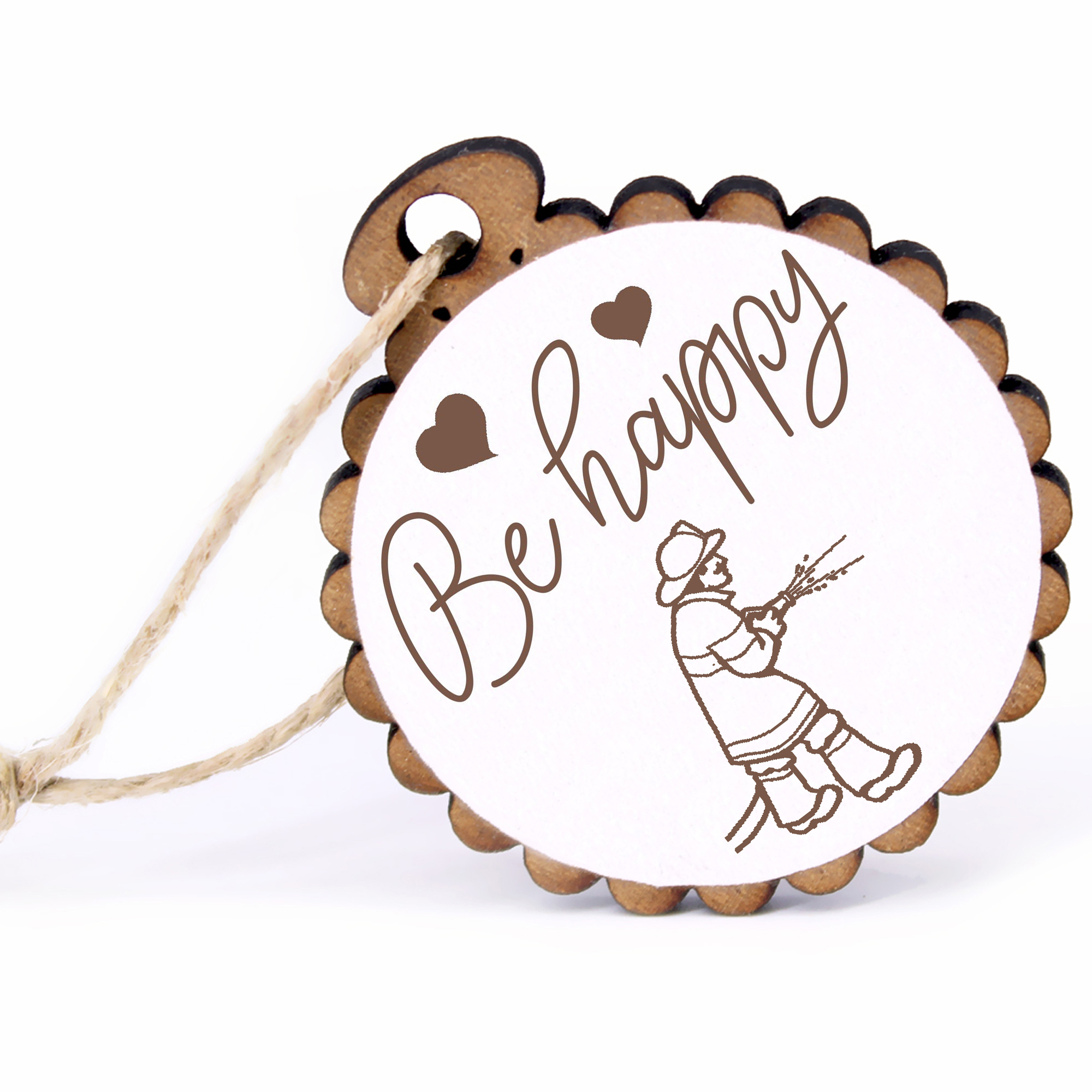 Geschenkanhänger - Be Happy Feuerwehrmann -  Holz Ø-5cm - mit Juteband