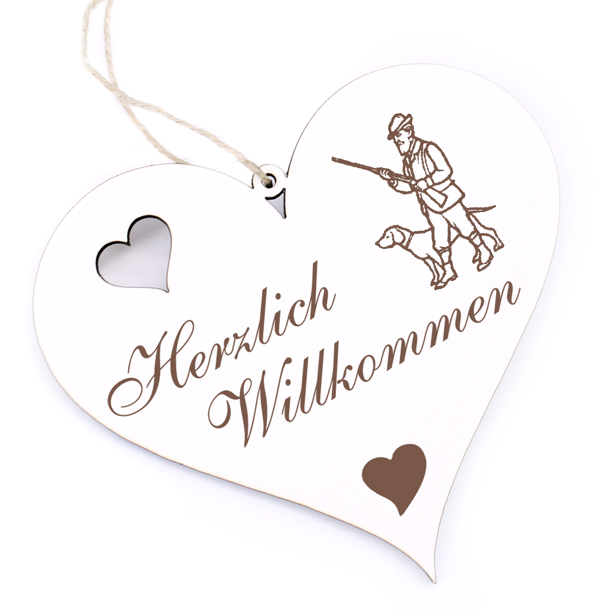 Herzlich Willkommen Schild - Jäger mit Hund - Deko Herz Holz