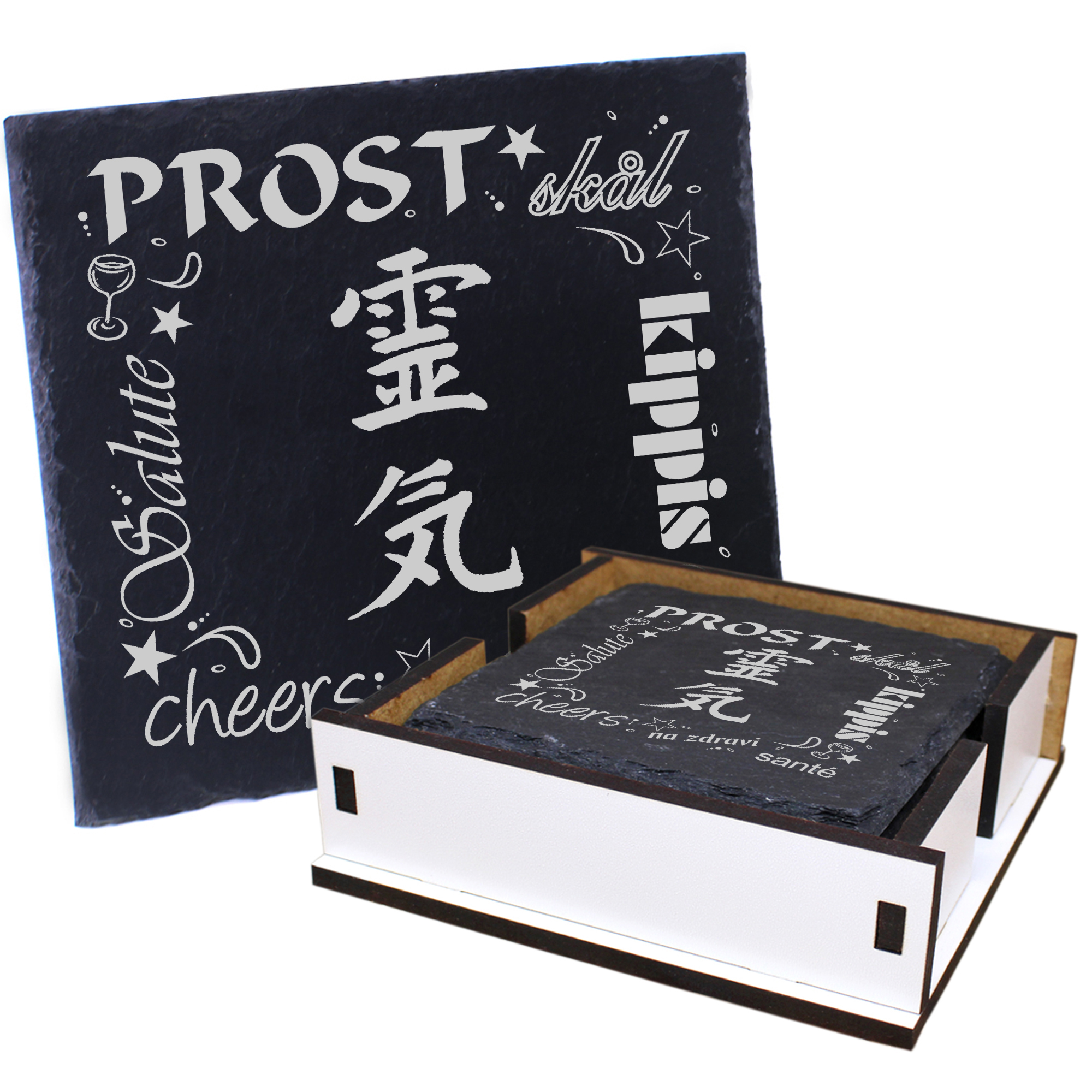 5 x Schiefer Untersetzer - Prost Reiki - inkl. Holzbox & Flaschenuntersetzer