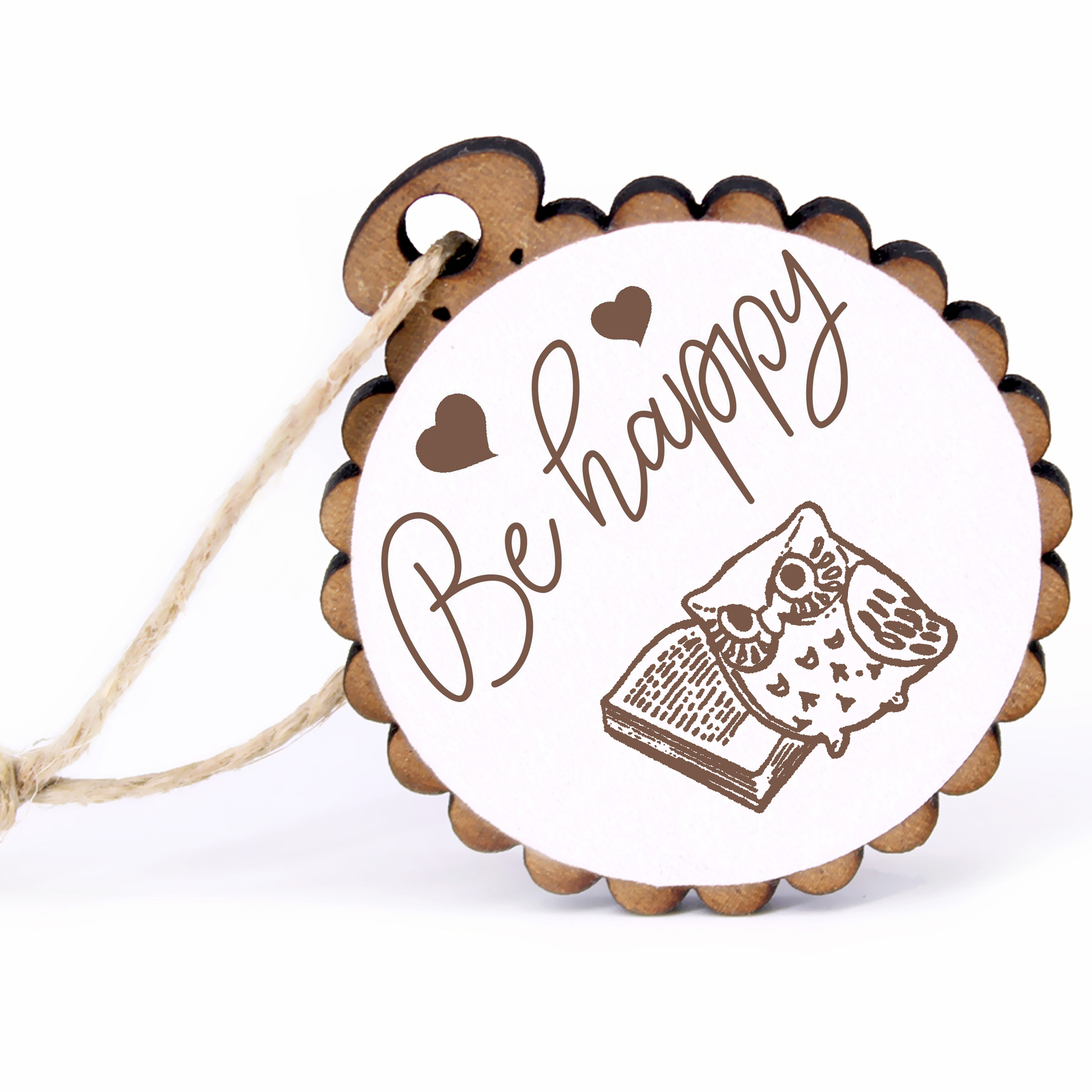 Geschenkanhänger - Be Happy Eule und Buch -  Holz Ø-5cm - mit Juteband