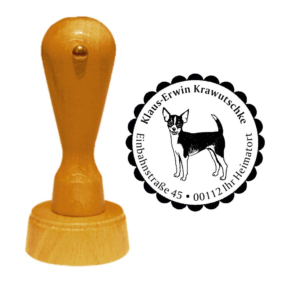 Adressstempel Chihuahua Kurzhaar -  Holzstempel personalisiert mit Adresse - Ø 40 mm