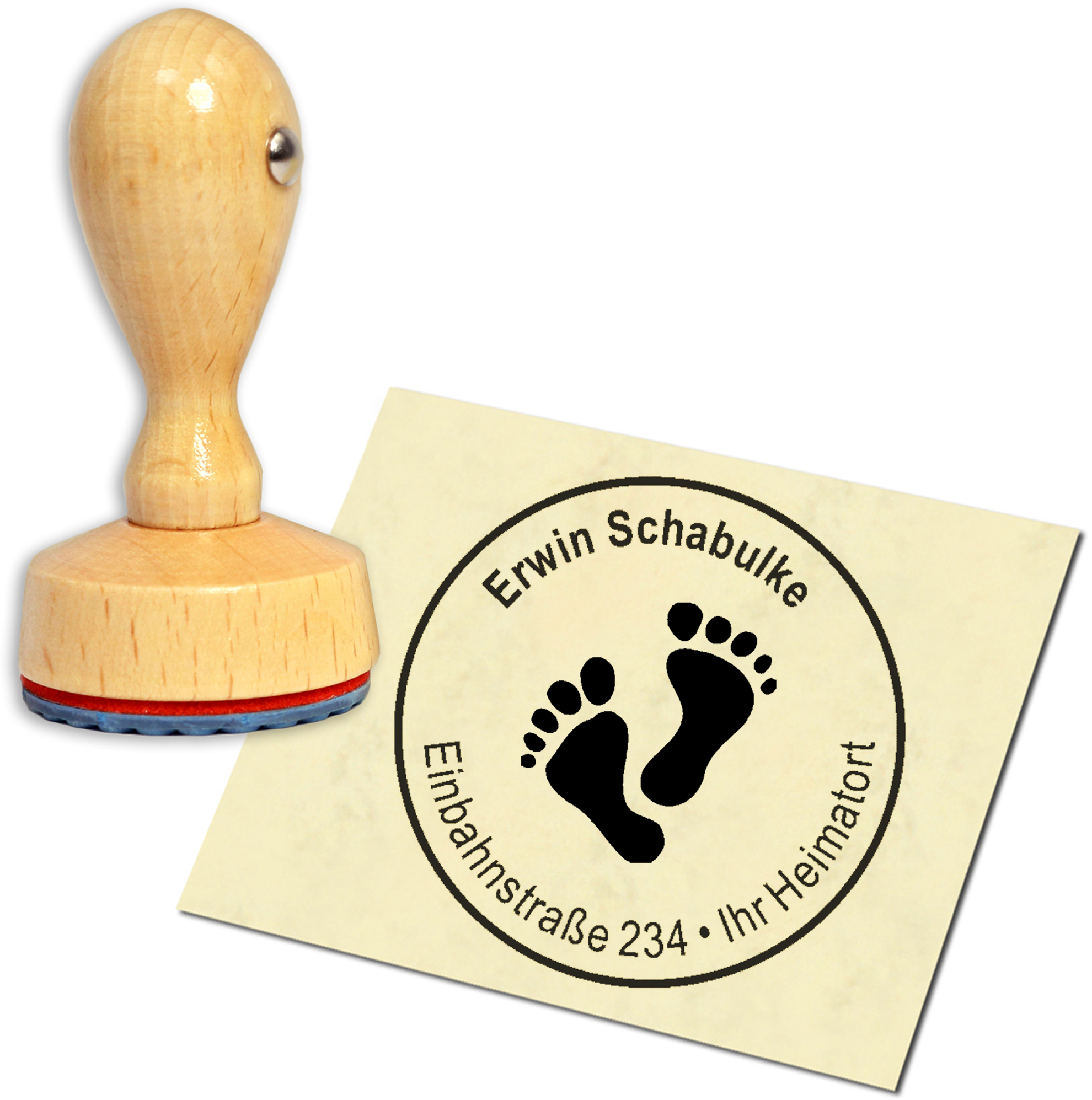 Stempel Adressstempel Holzstempel - Fußabdrücke - rund 40mm
