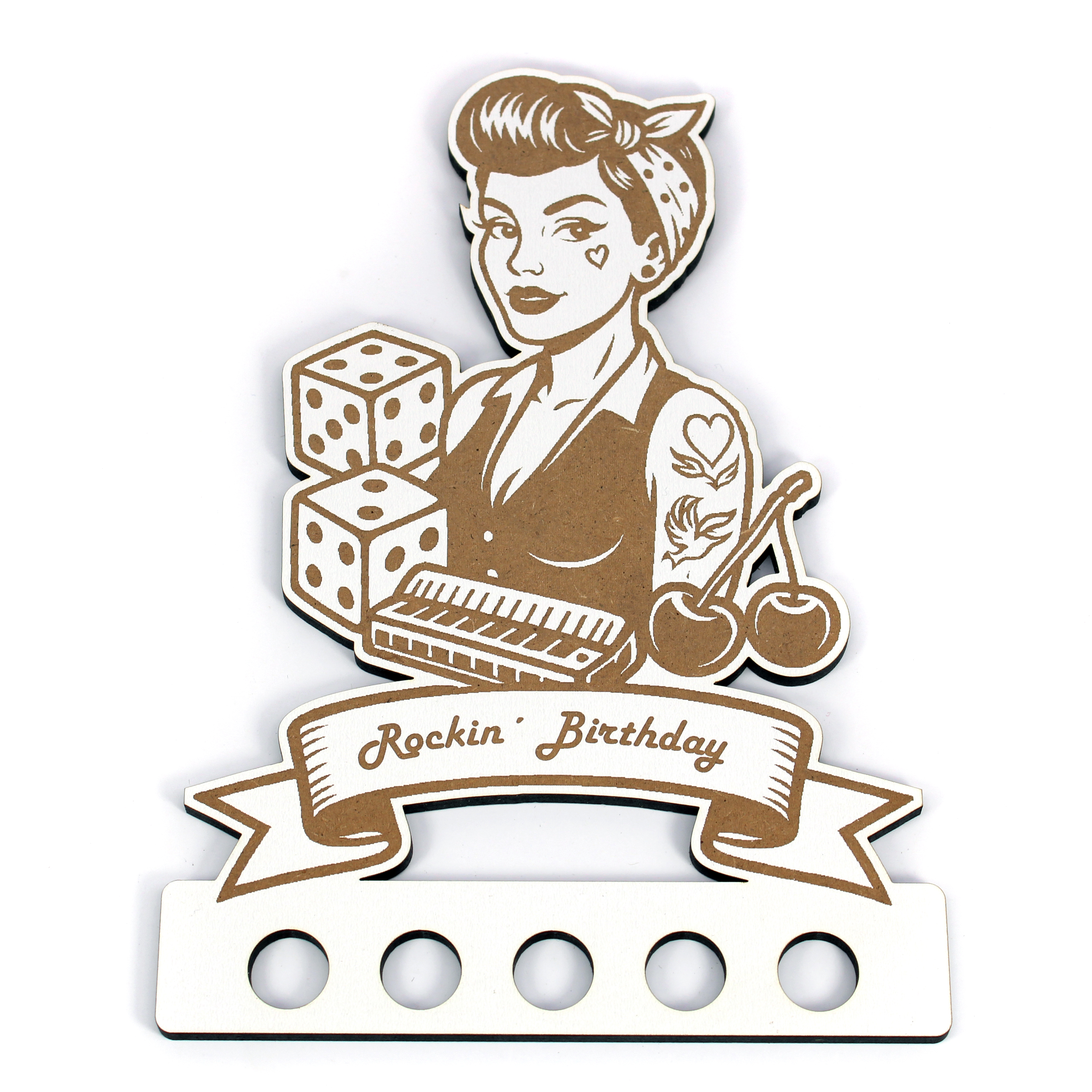 Geldgeschenk Rockabilly Geburtstag - 15cm x 19cm - Rockn´ Birthday - Würfel, Harmonika, Rockabella & Kirschen
