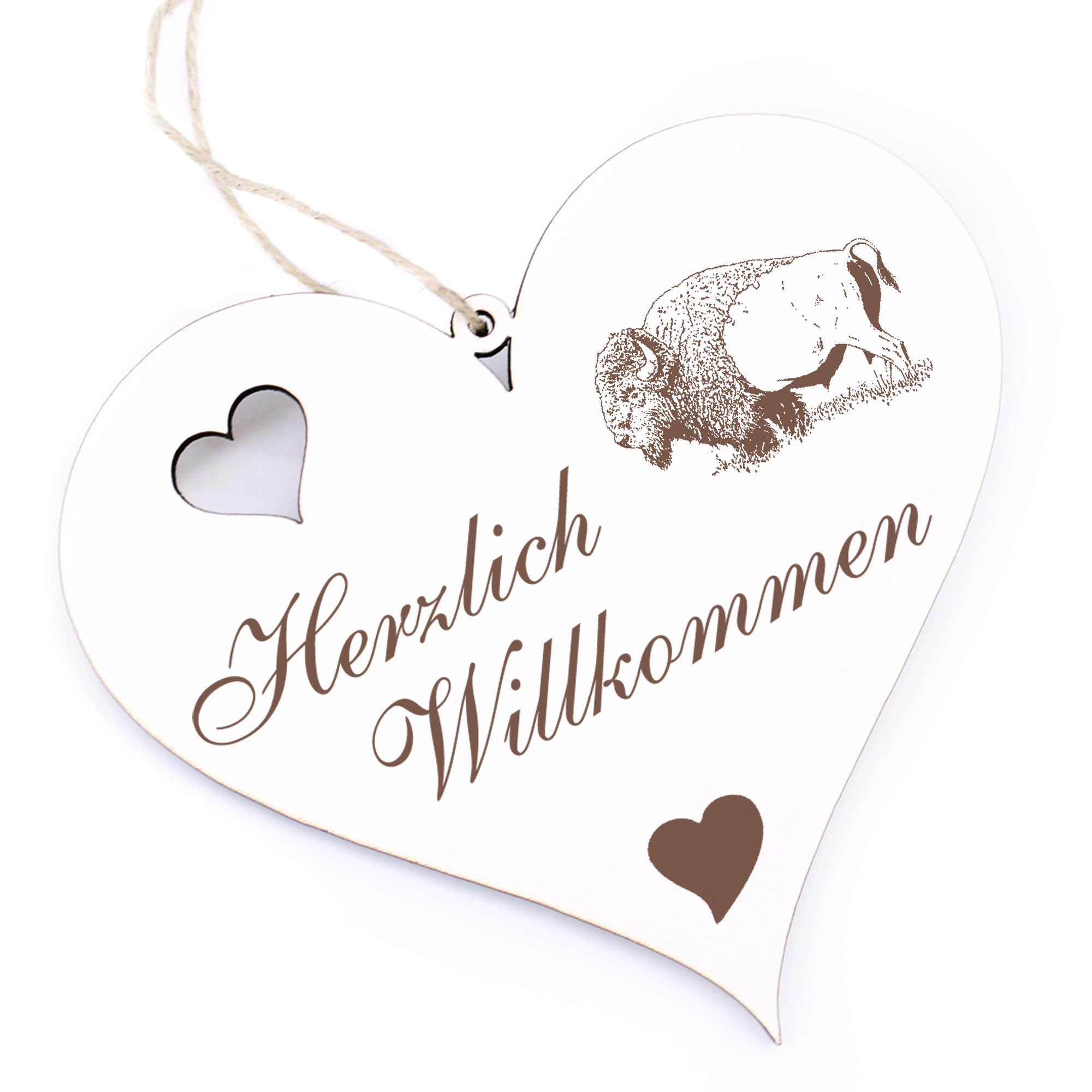 Herzlich Willkommen Schild - Bison - Deko Herz Holz