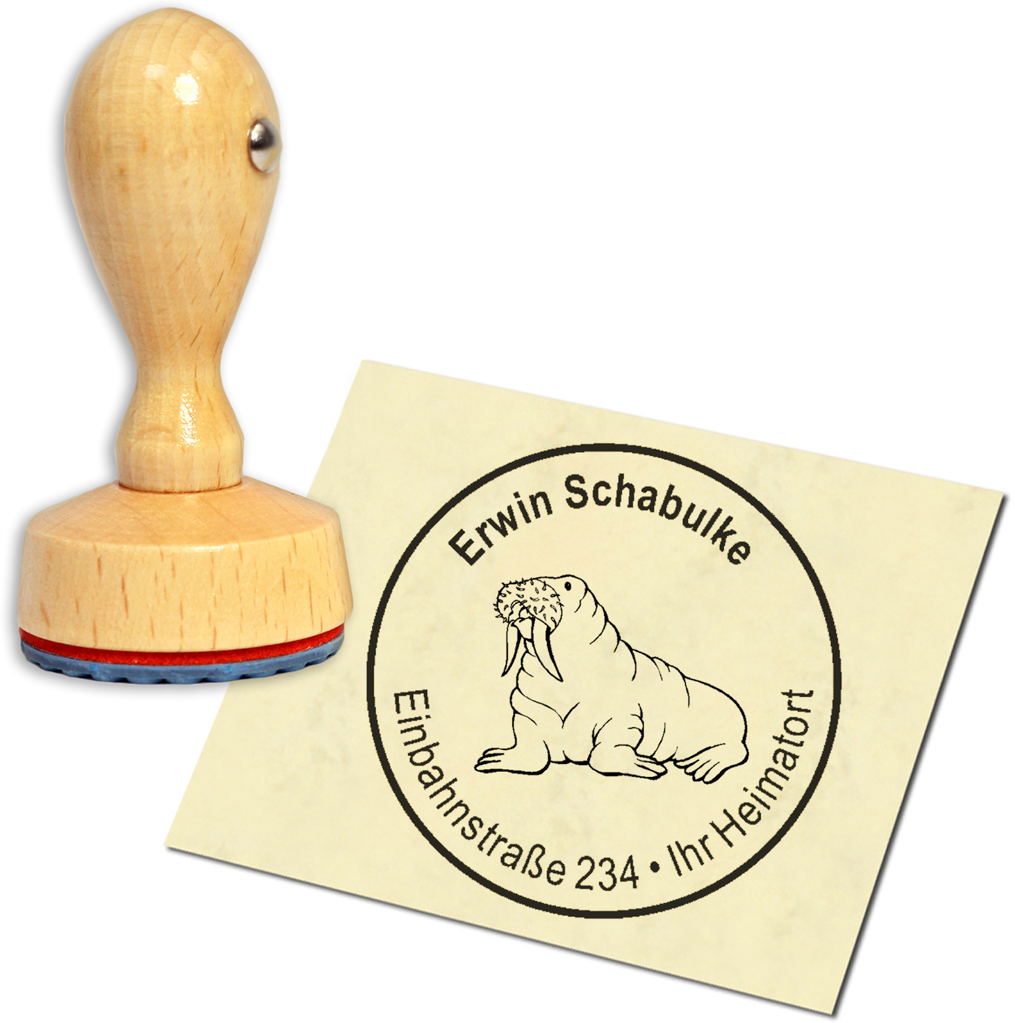 Stempel Adressstempel Holzstempel - gezeichnetes Walross - rund 40mm
