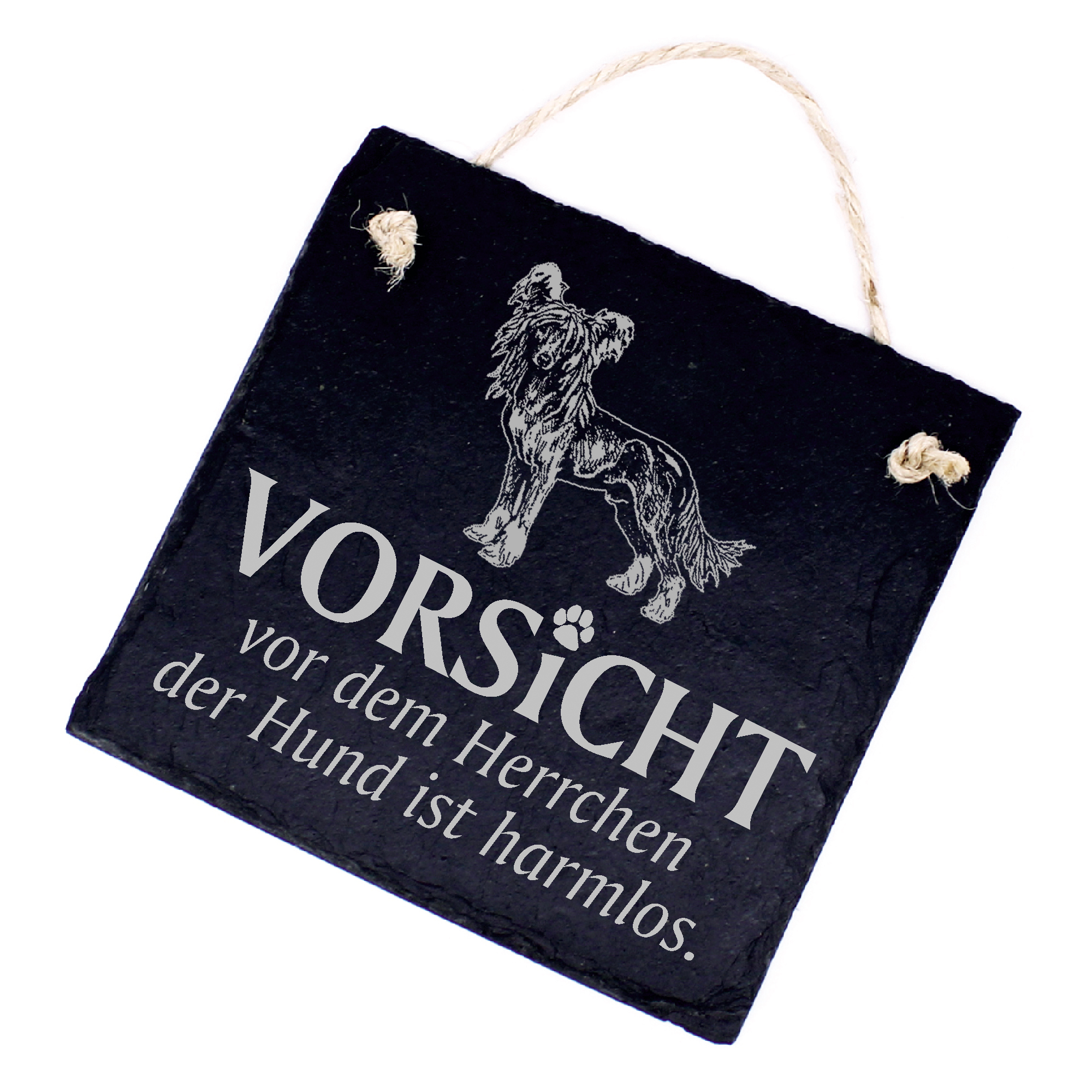 Hundeschild Chinesischer Schopfhund Schild aus Schiefer - Vorsicht vor dem Herrchen - 11cm x 11cm