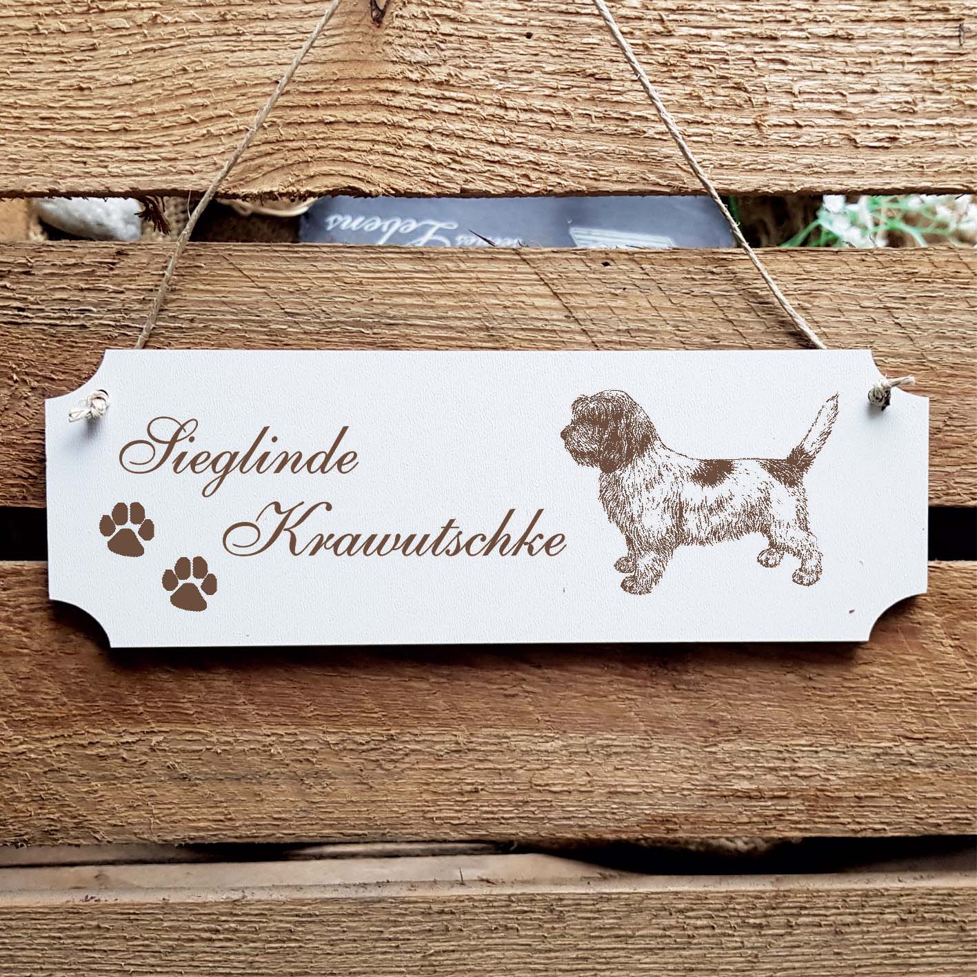 Schild « Petit Basset Griffon Vendéen » Namensschild Türschild zum Anhängen - 20 x 6,7 cm