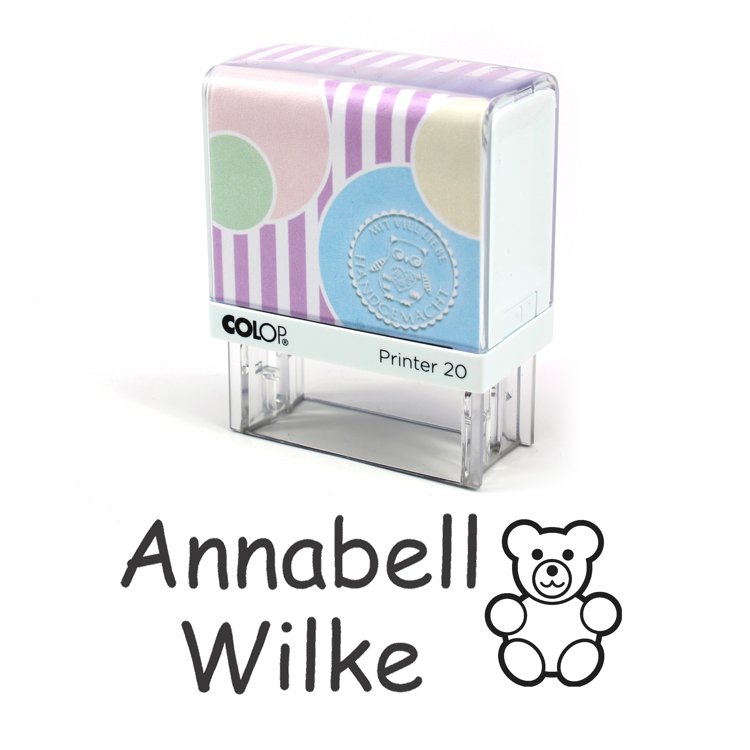 Textilstempel Teddy - personalisierter Automatikstempel mit Namen - für Textilien Kleidung 38 x 14mm