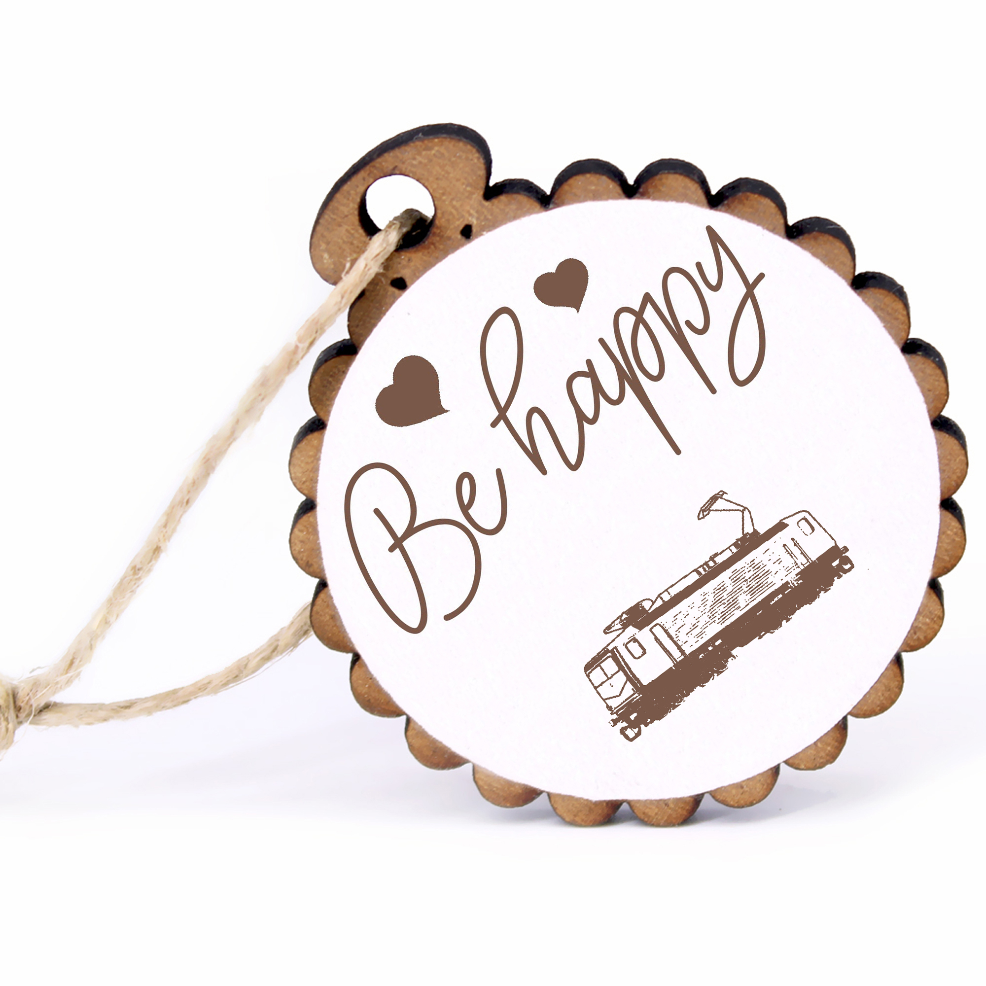 Geschenkanhänger - Be Happy Lok -  Holz Ø-5cm - mit Juteband
