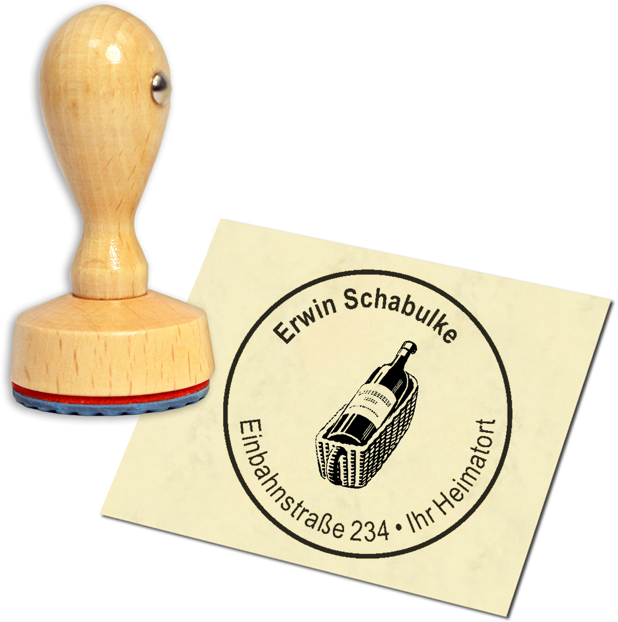 Stempel Adressstempel Holzstempel - Weinflasche - rund 40mm