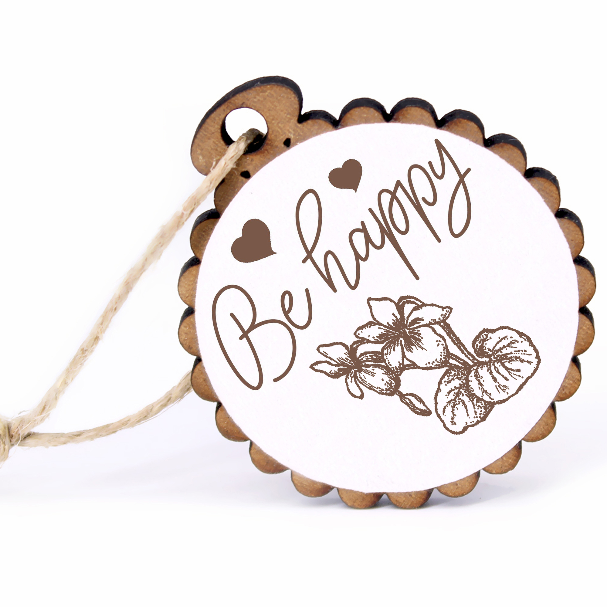 Geschenkanhänger - Be Happy Blume -  Holz Ø-5cm - mit Juteband