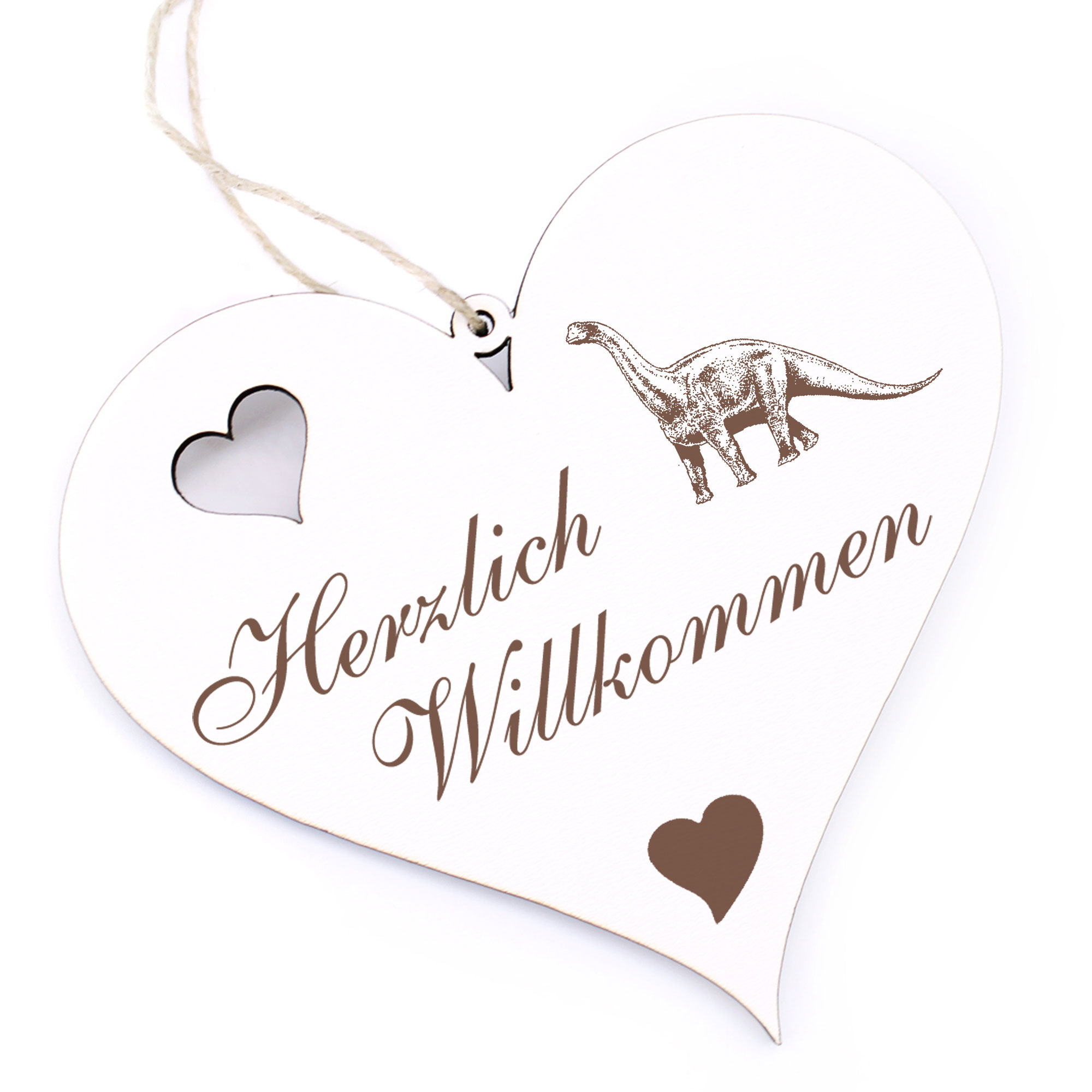 Herzlich Willkommen Schild - Dinosaurier Plateosaurus - Deko Herz Holz