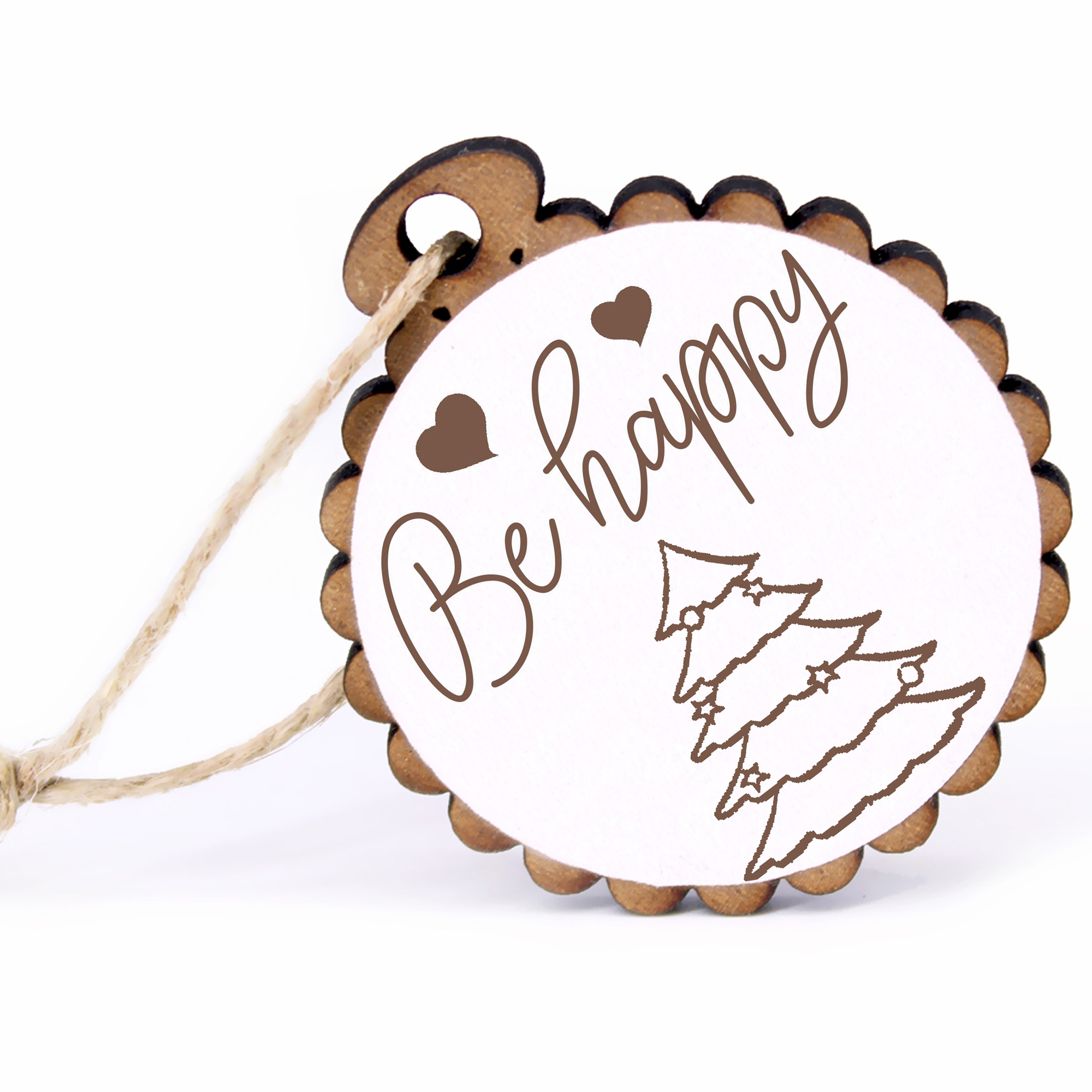 Geschenkanhänger - Be Happy Tannenbaum -  Holz Ø-5cm - mit Juteband