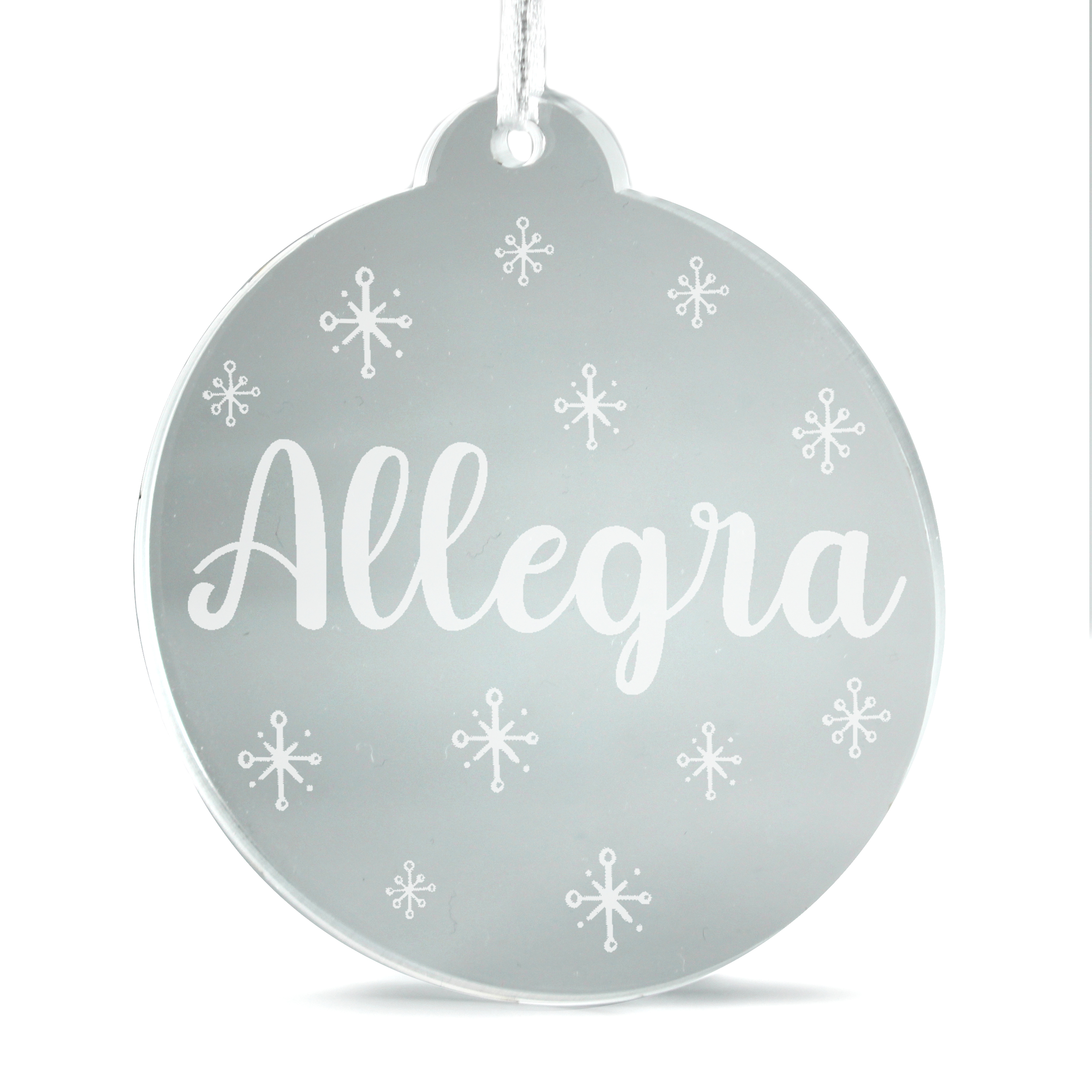 Christbaumanhänger Wunschname aus Acryl – transparente Weihnachtsanhänger mit weißer Gravur