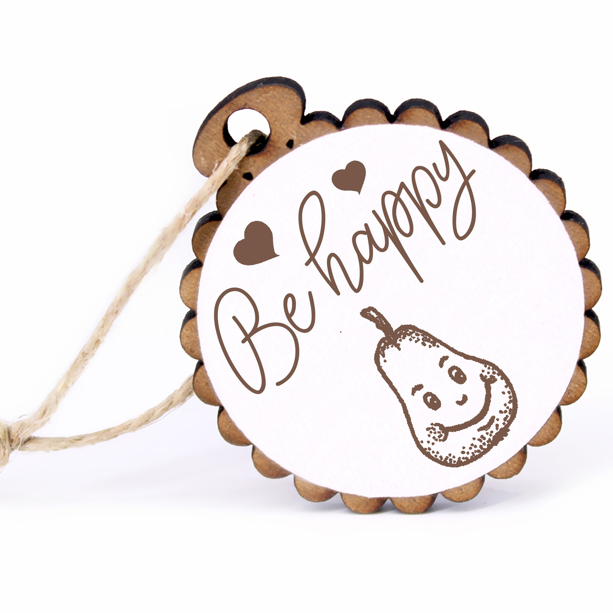 Geschenkanhänger - Be Happy Birne -  Holz Ø-5cm - mit Juteband