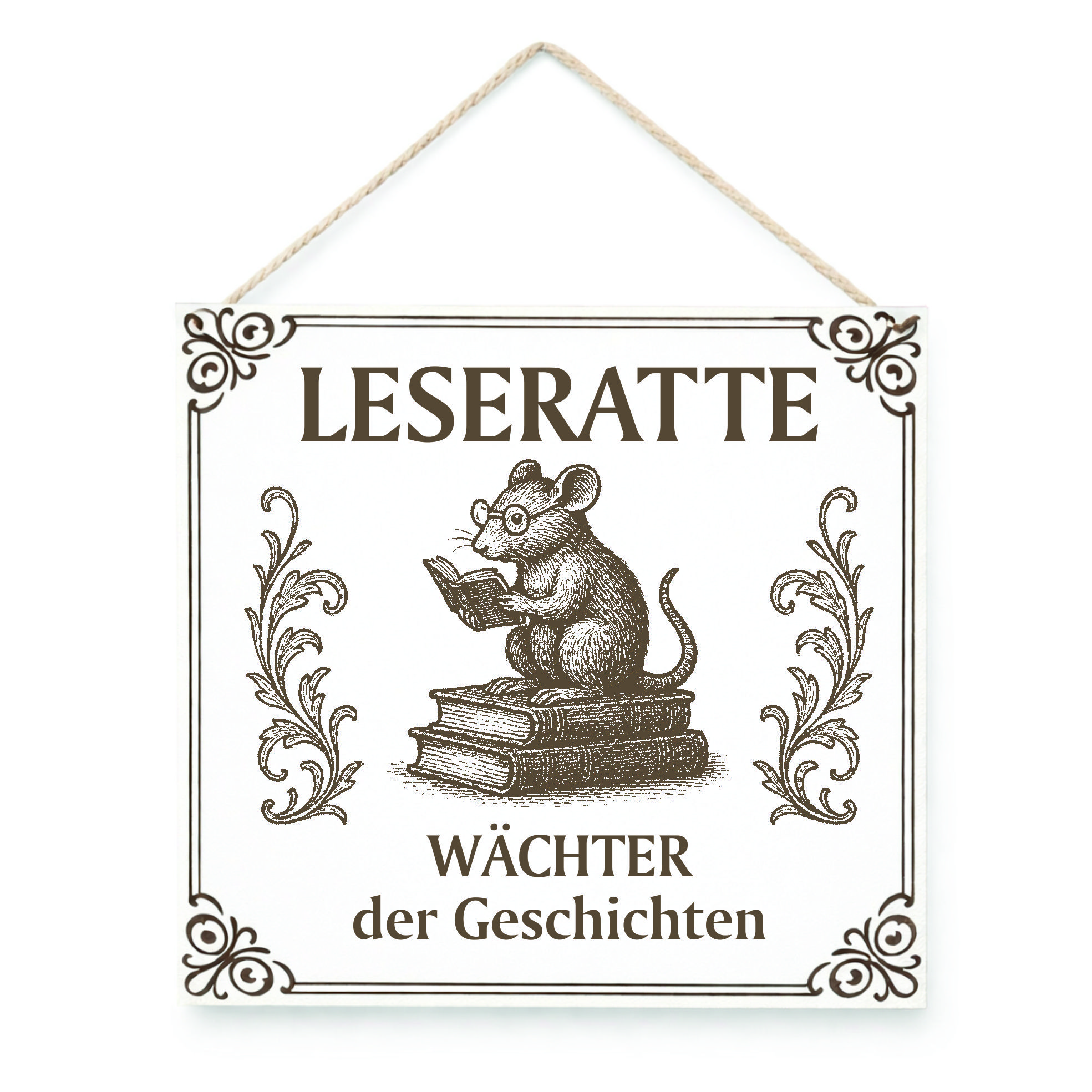 Holzschild Leseratte – Wächter der Geschichten – Bücherliebhaber Deko 15 x 15 cm