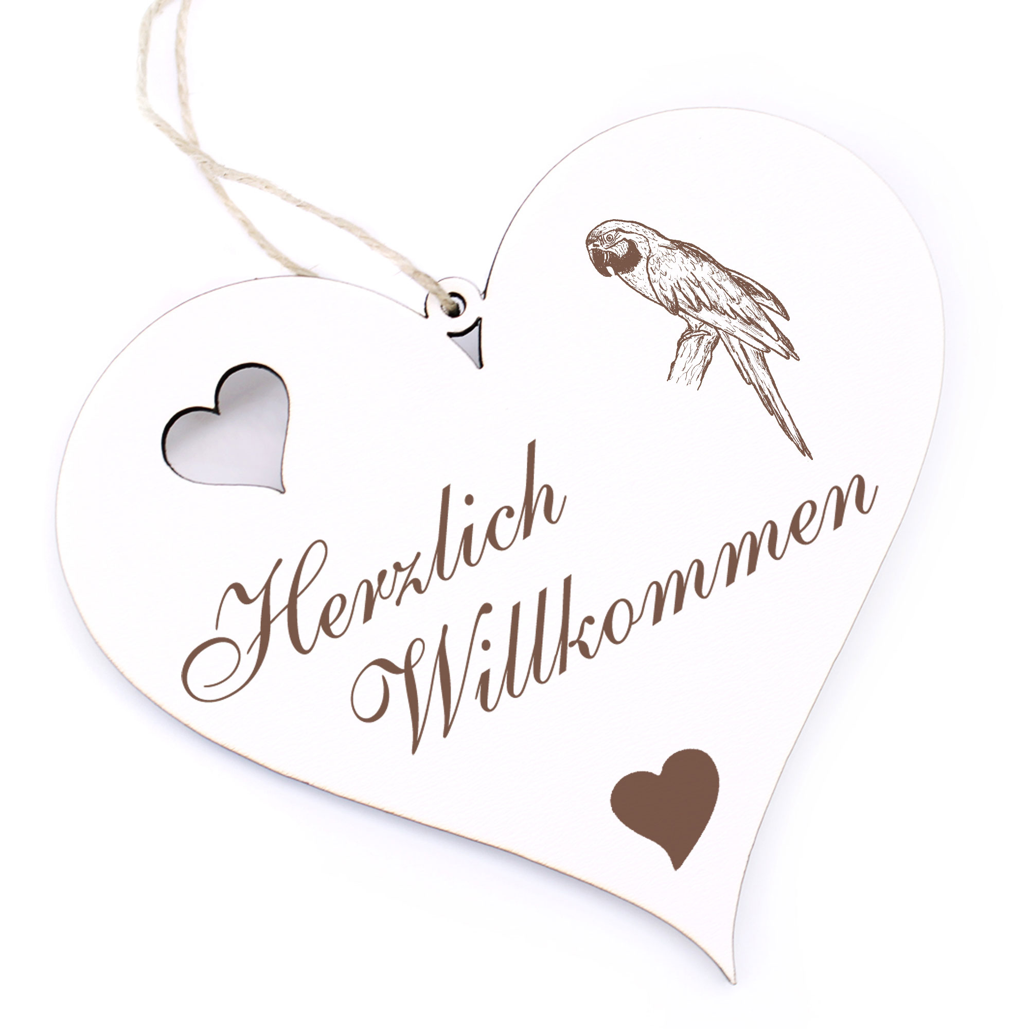 Herzlich Willkommen Schild - Papagei auf Ast - Deko Herz Holz