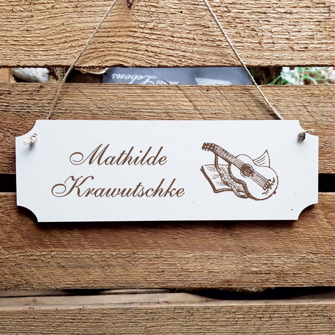 Schild « Gitarre mit Notenbuch » Namensschild Türschild zum Anhängen - 20 x 6,7 cm