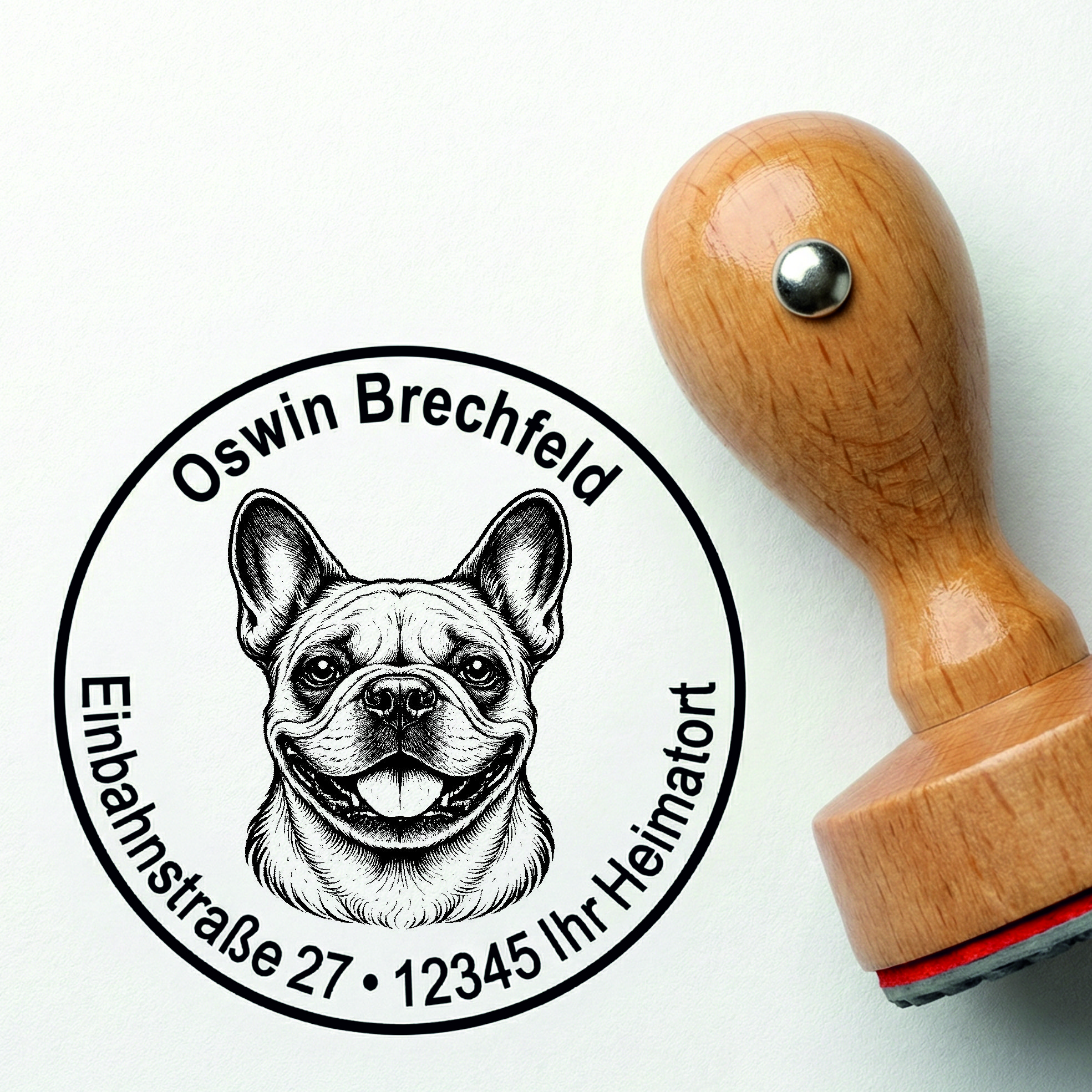 Stempel Französische Bulldogge personalisiert – Hund Holzstempel mit Name & Adresse