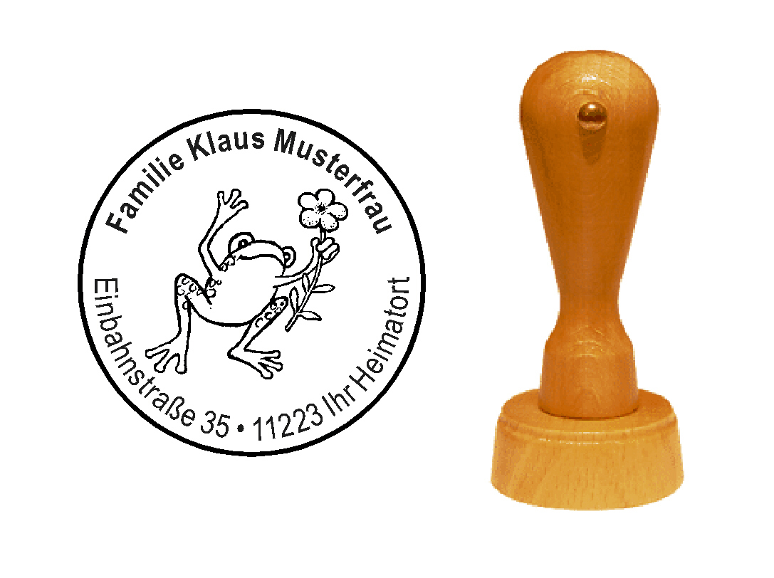 « Frosch mit Blume » Holzstempel mit persönlichem Wunschtext