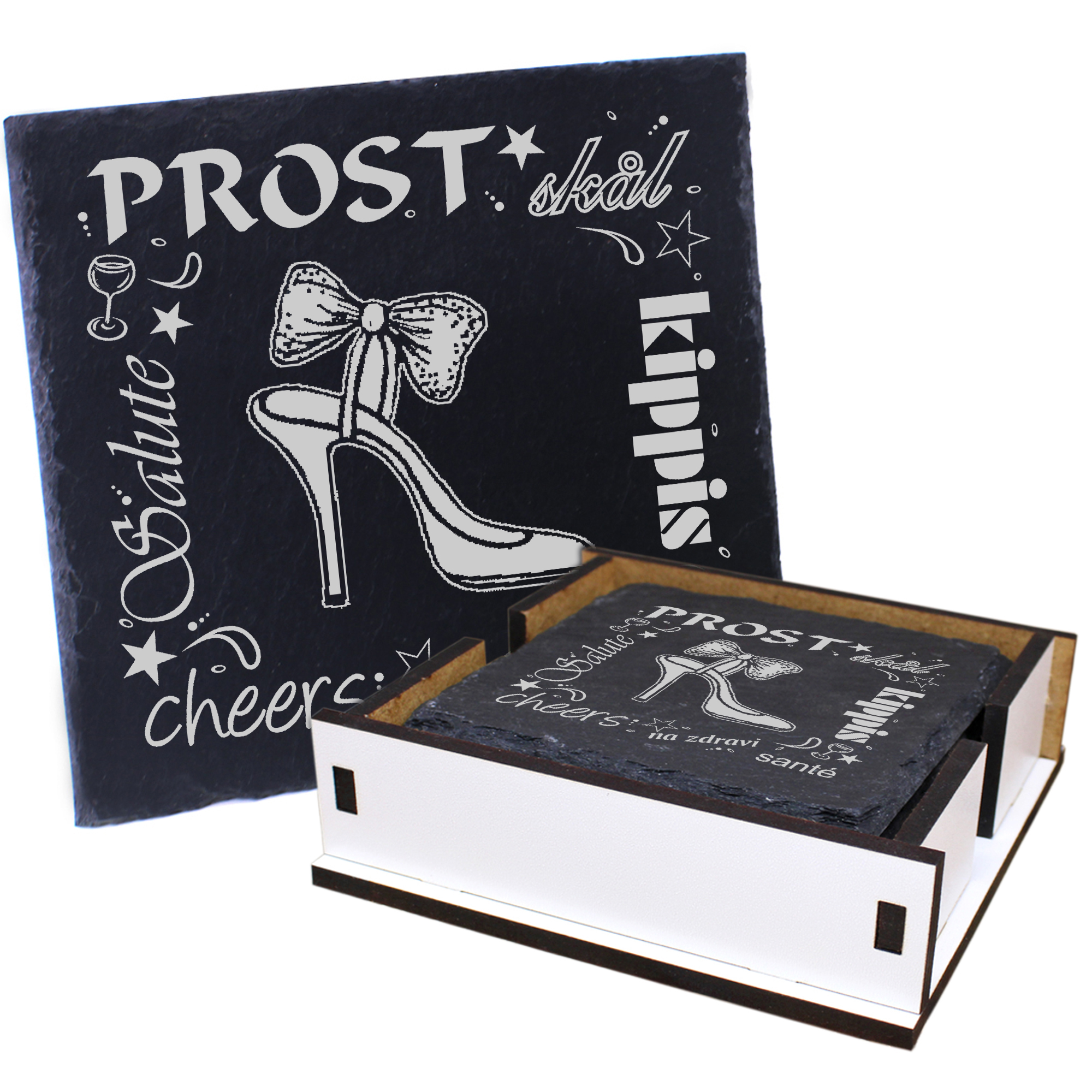 5 x Schiefer Untersetzer - Prost High Heels Schuh mit Schleife - inkl. Holzbox & Flaschenuntersetzer