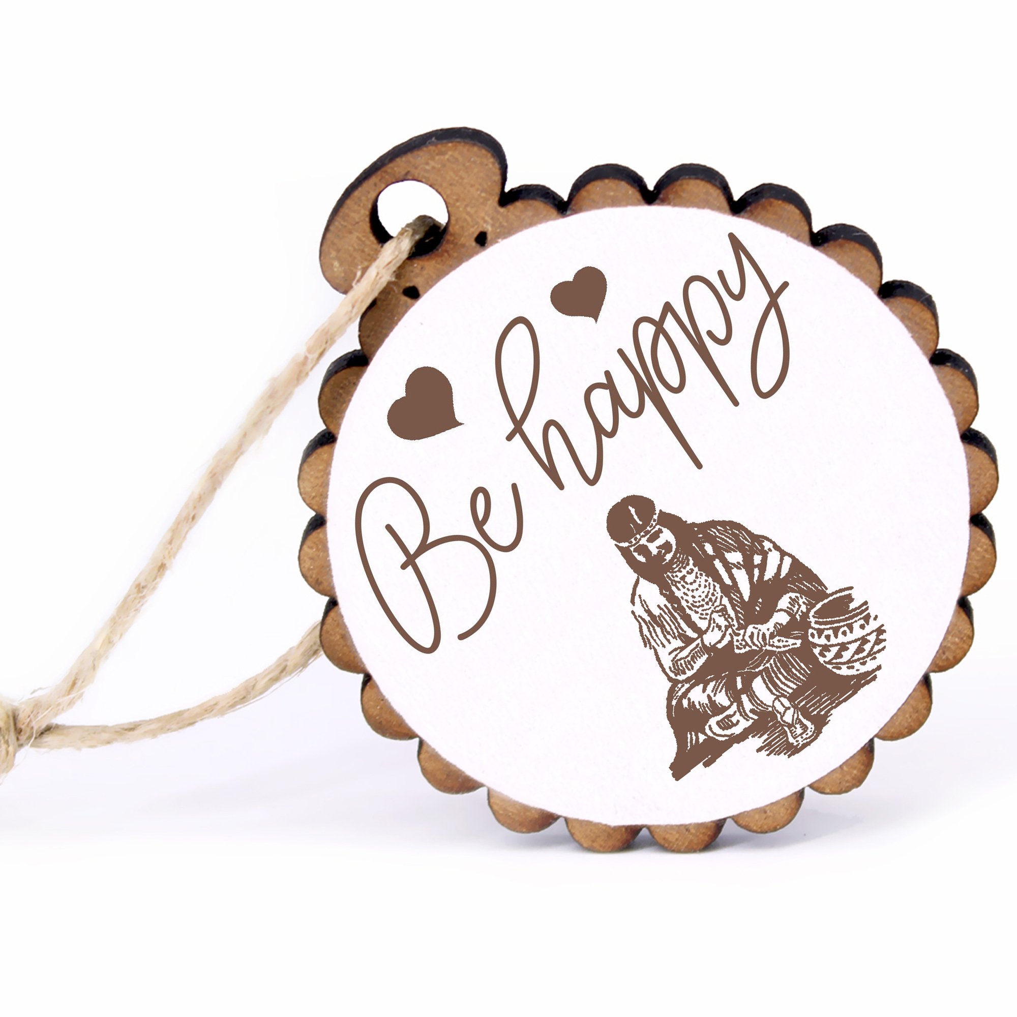 Geschenkanhänger - Be Happy Schamane -  Holz Ø-5cm - mit Juteband