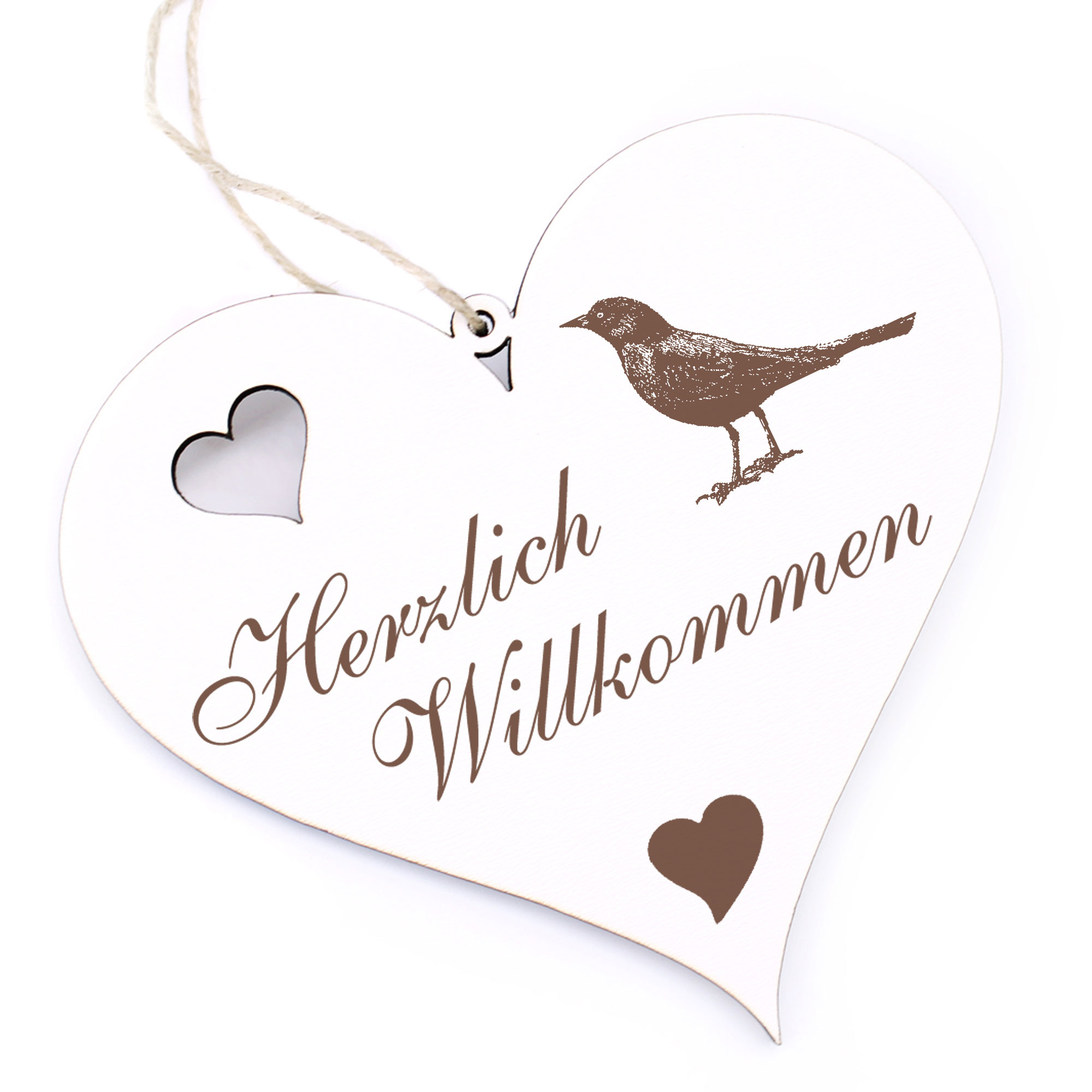 Herzlich Willkommen Schild - Amsel Schwarzdrossel  - Deko Herz Holz
