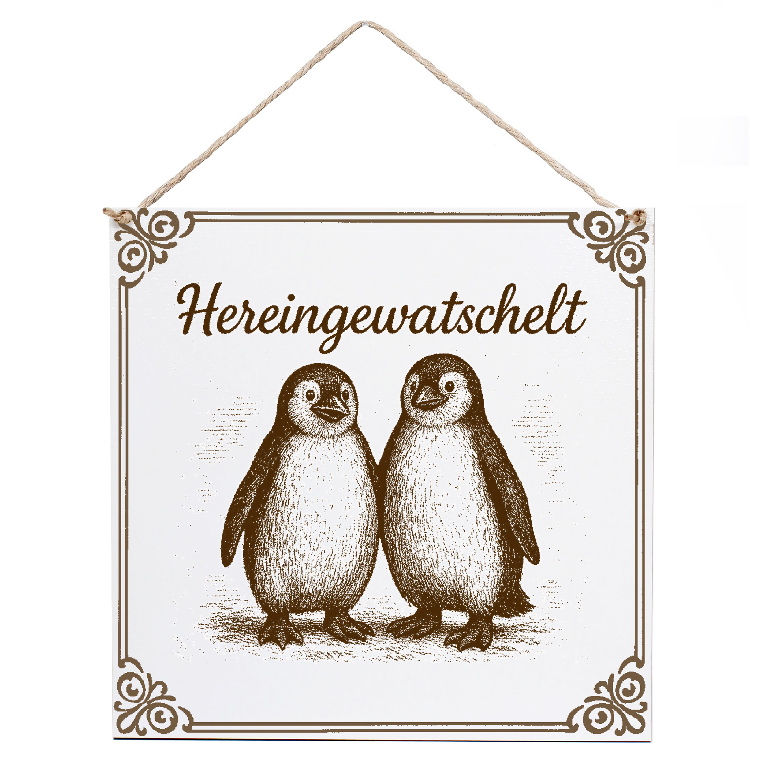 Pinguin Schild Hereingewatschelt – graviertes HDF Dekoschild 15x15 cm
