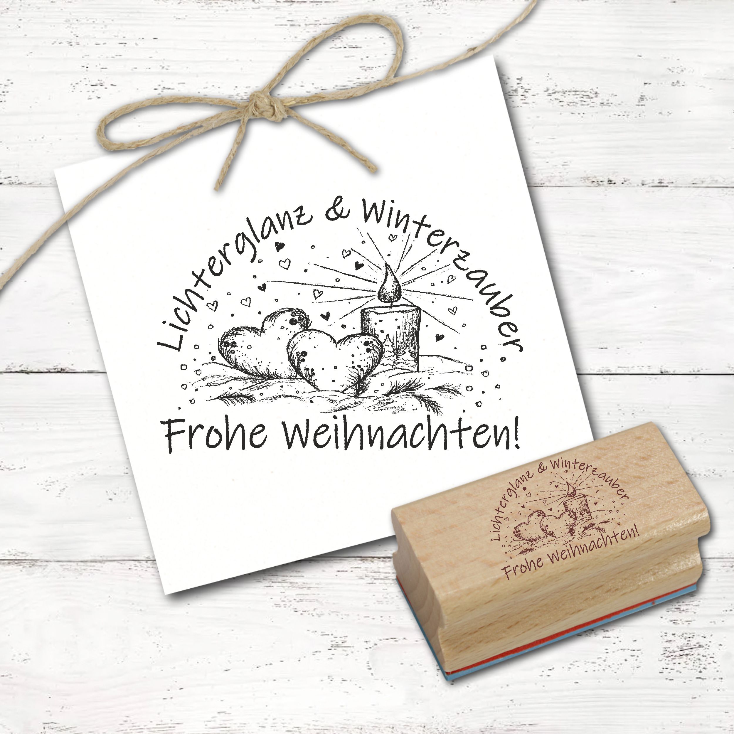 Motivstempel Lichterglanz & Winterzauber - Herzen und Kerze Stempel Weihnachtsstempel Holzstempel 68 mm x 48 mm