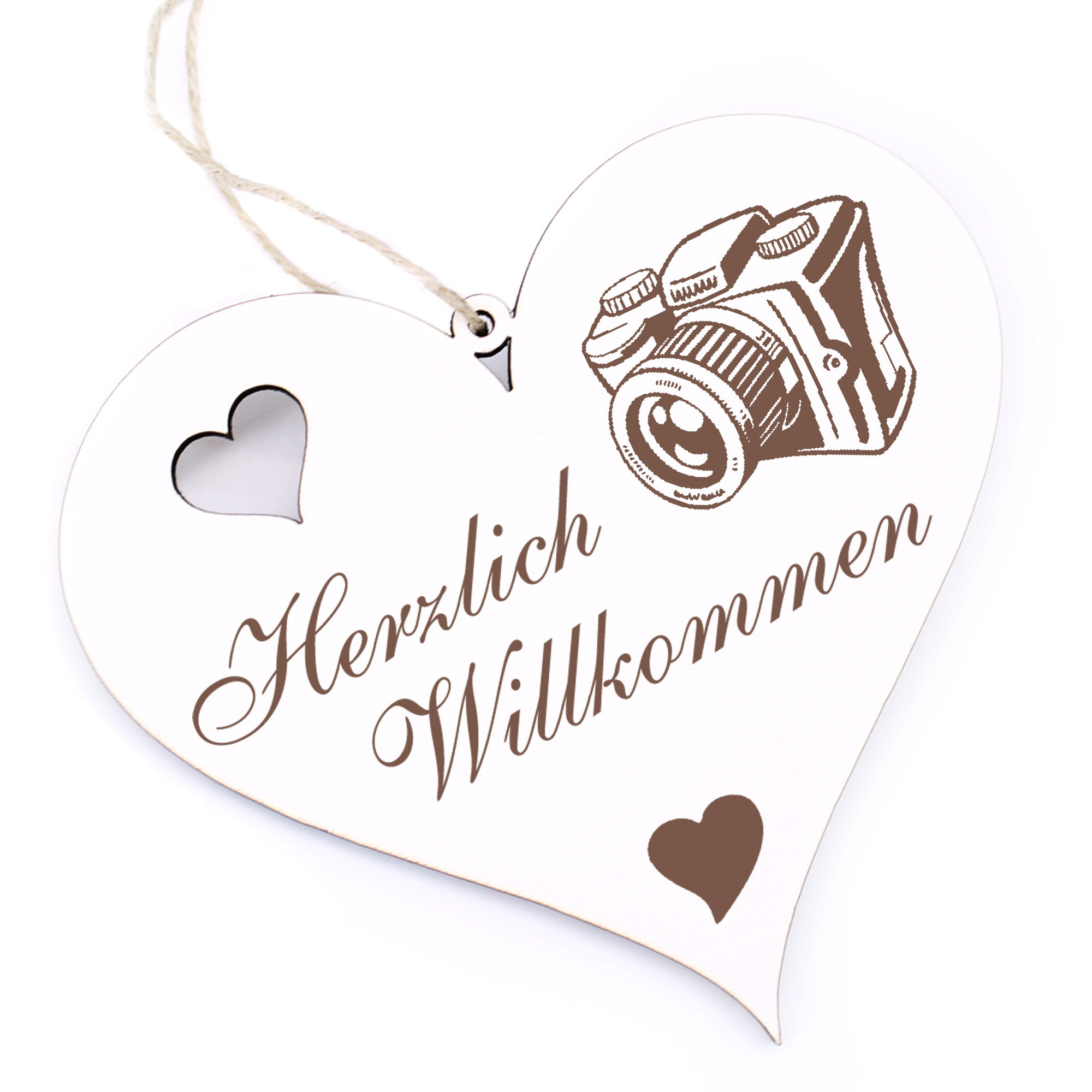 Herzlich Willkommen Schild - Kamera - Deko Herz Holz