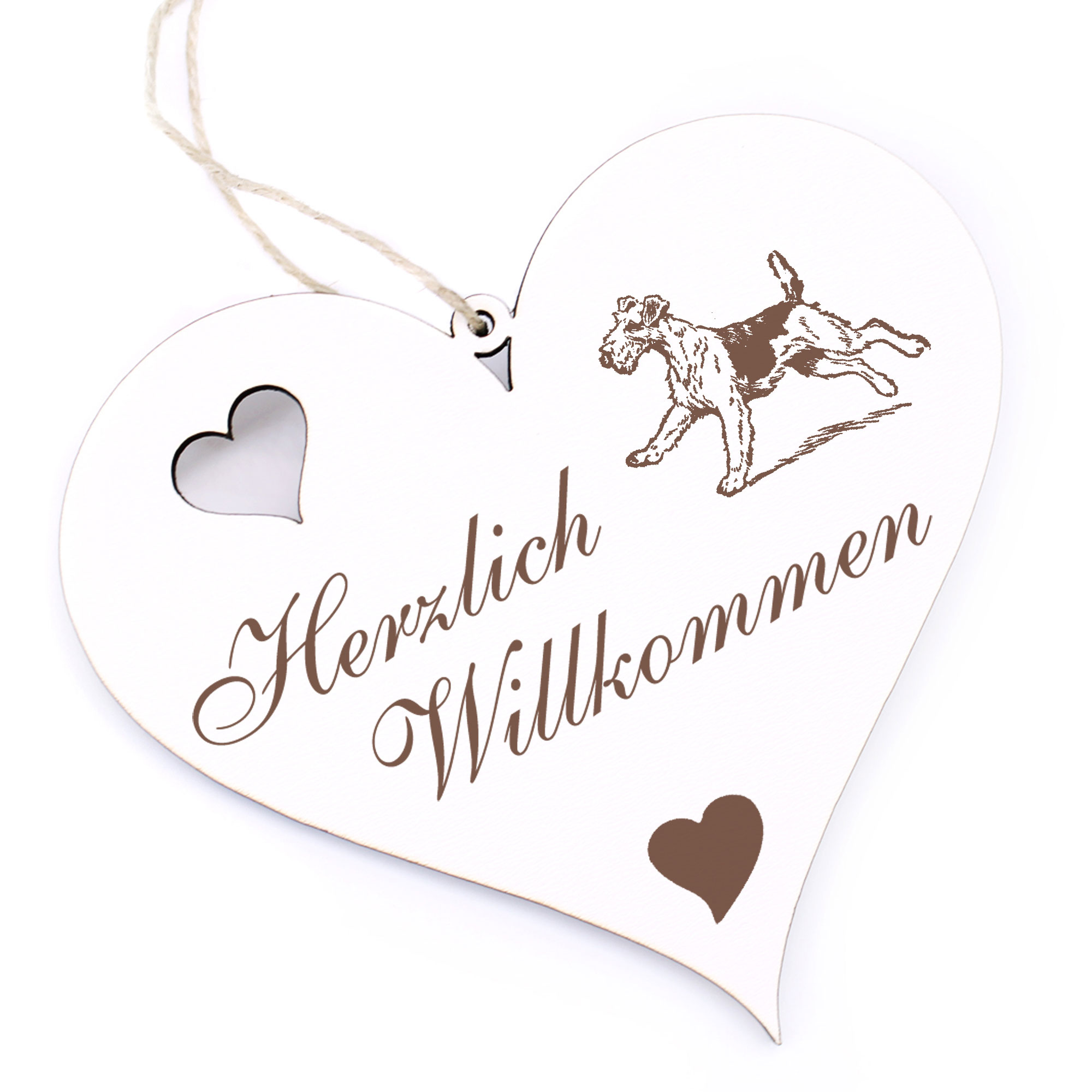 Herzlich Willkommen Schild - Airedale Terrier - Deko Herz Holz