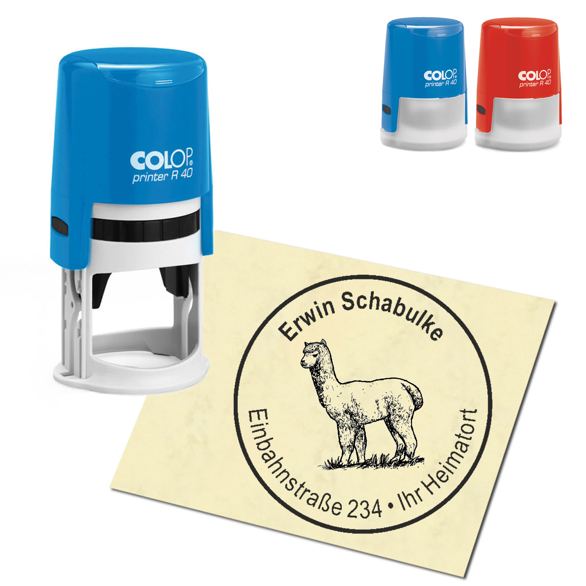 Stempel Adressstempel personalisiert - Alpaka Lama auf einer Wiese - rund &empty; 40mm