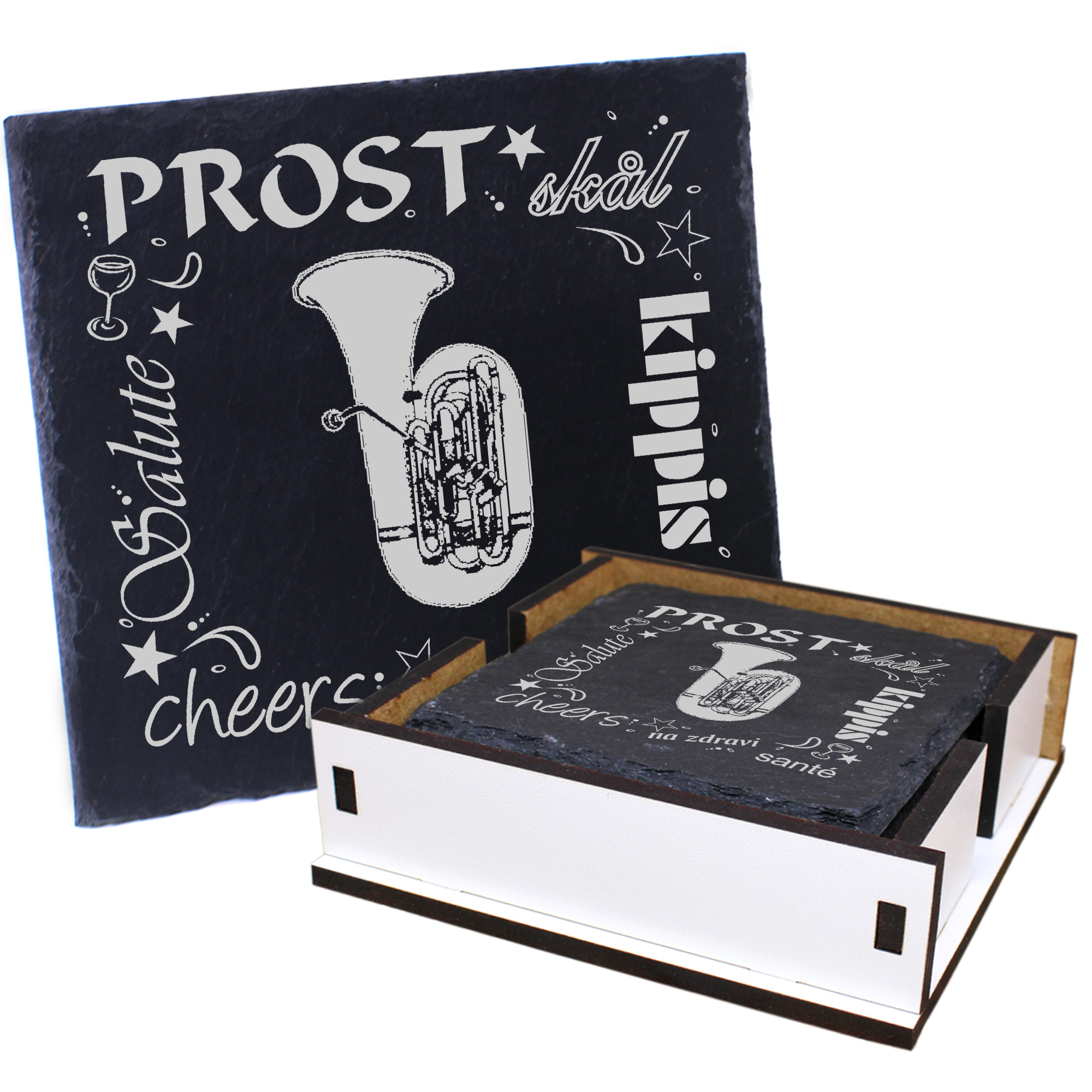 5 x Schiefer Untersetzer - Prost Tuba - inkl. Holzbox & Flaschenuntersetzer