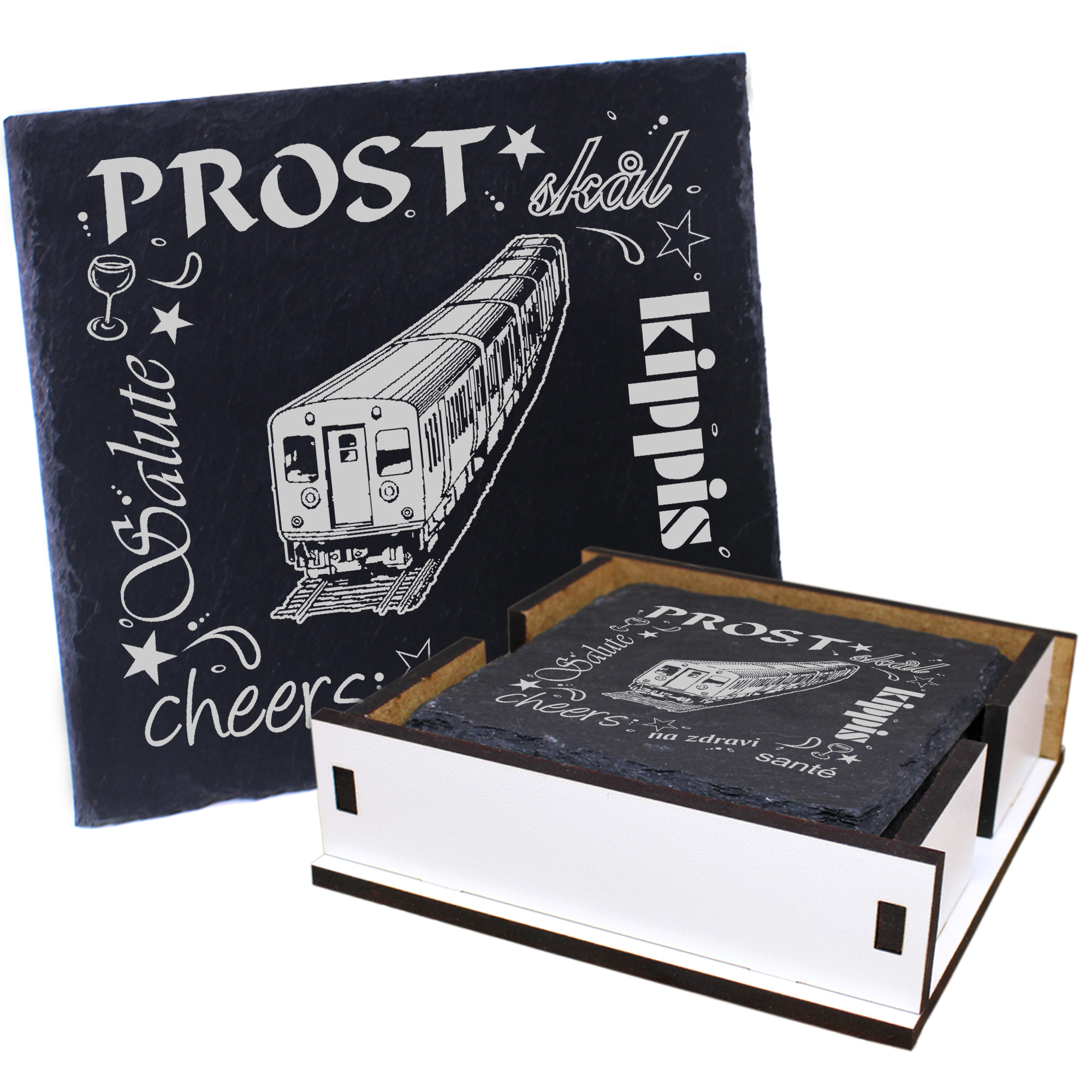 5 x Schiefer Untersetzer - Prost Strassenbahn - inkl. Holzbox & Flaschenuntersetzer