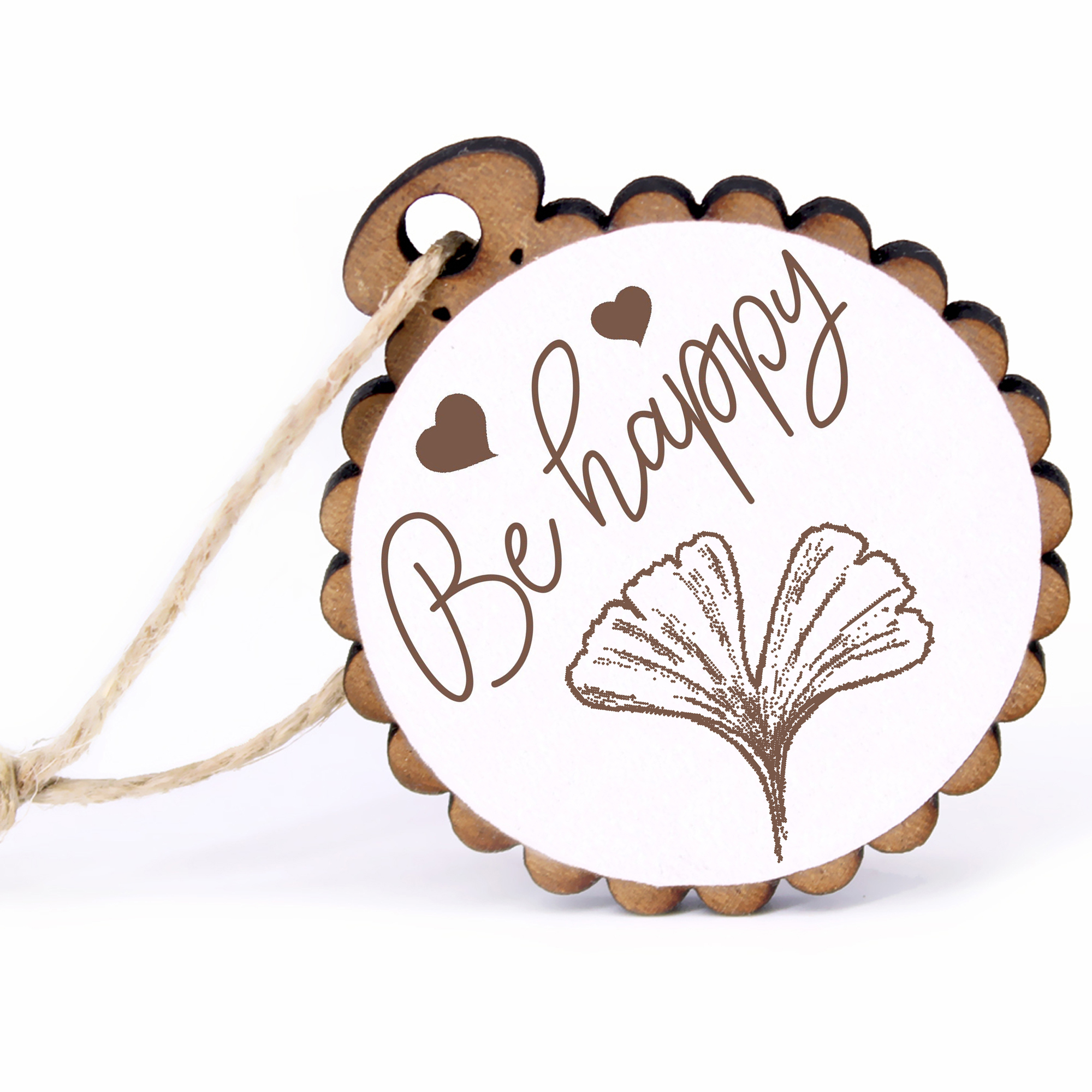 Geschenkanhänger - Be Happy Ginkgo -  Holz Ø-5cm - mit Juteband