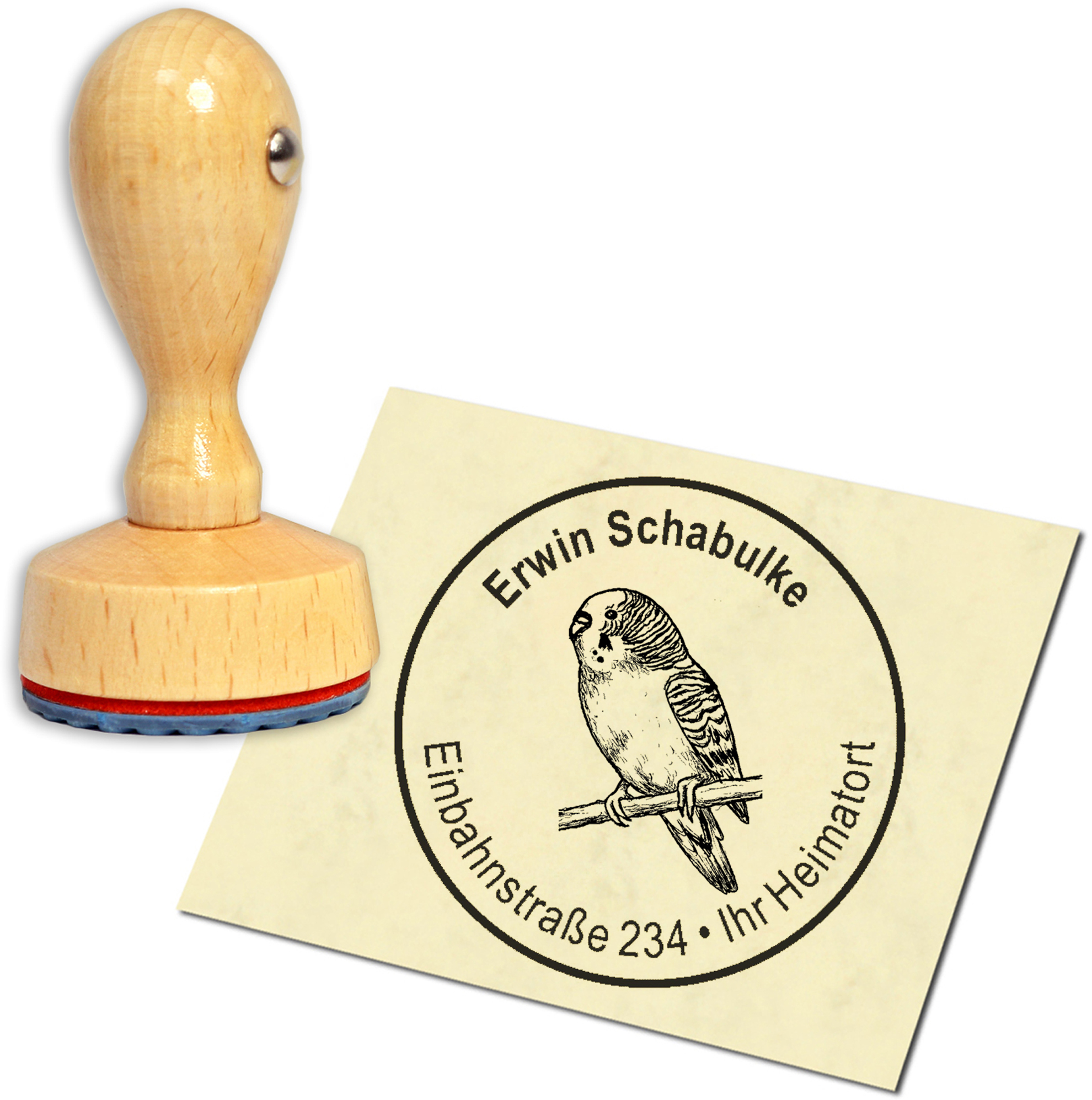 Stempel Adressstempel Holzstempel - sitzender Wellensittich - rund 40mm