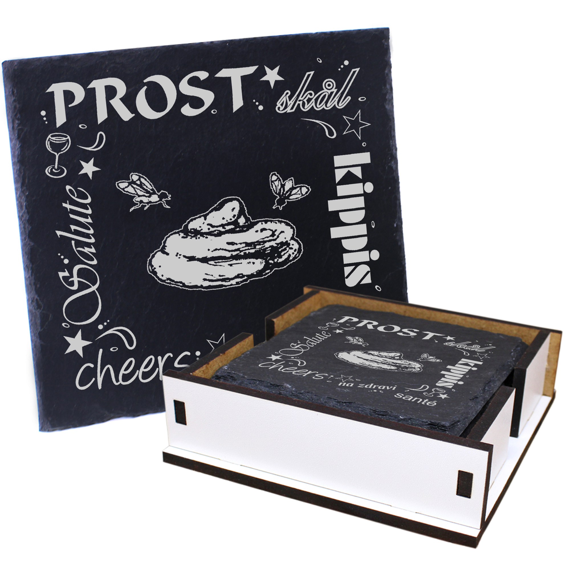 5 x Schiefer Untersetzer - Prost Scheiße - inkl. Holzbox & Flaschenuntersetzer