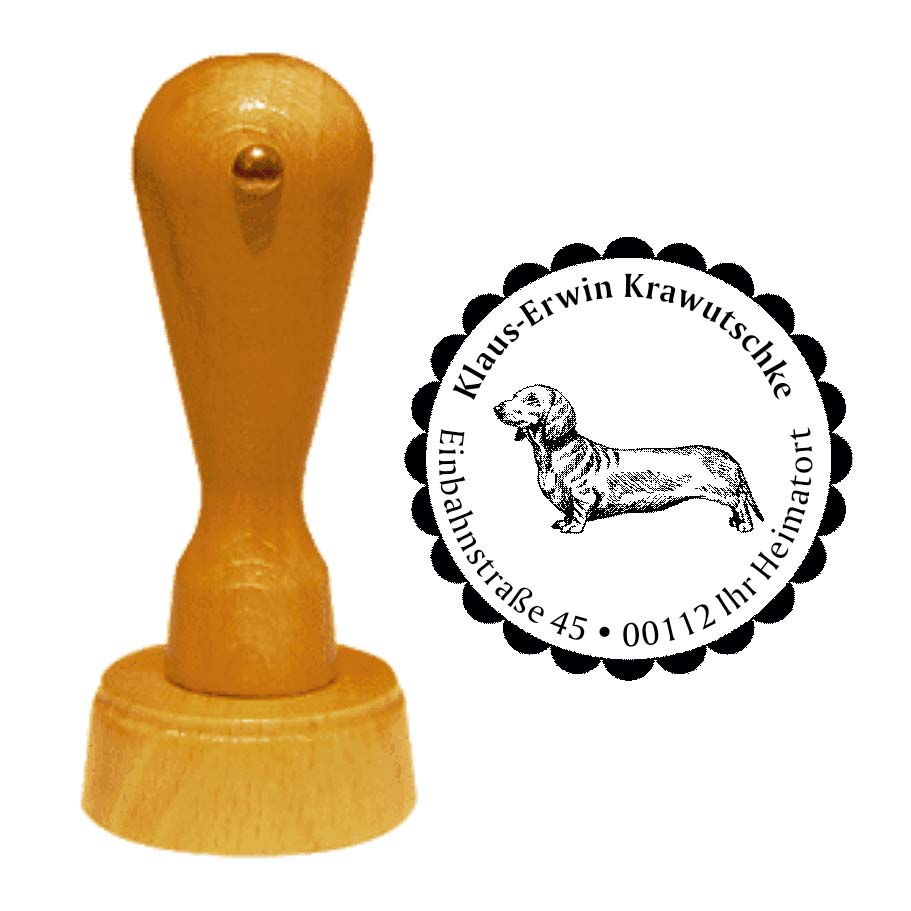Adressstempel Dackel Dachshund Kurzhaar -  Holzstempel personalisiert mit Adresse - Ø 40 mm