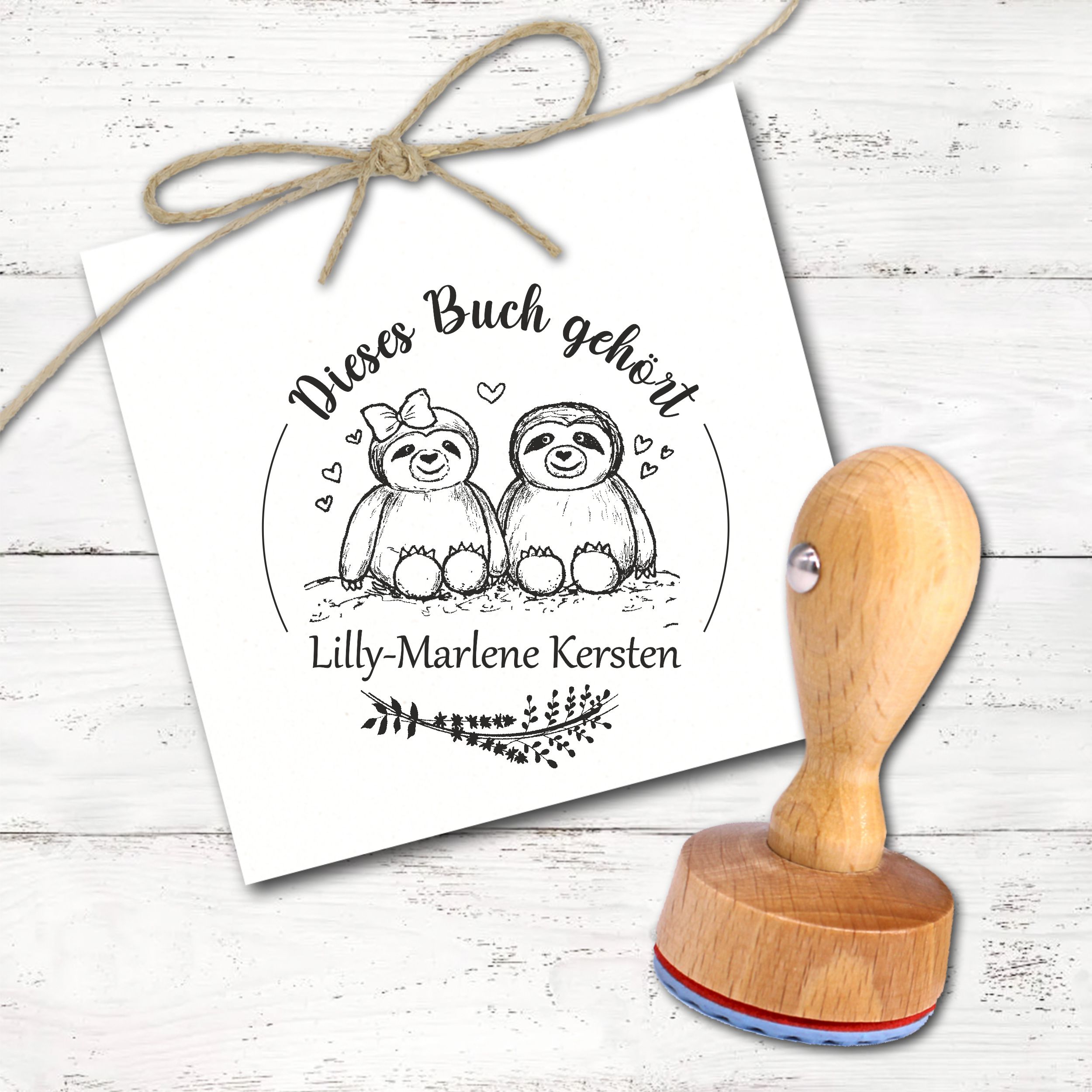 Ex Libris Stempel personalisiert mit Namen Motiv Faultier - Bücherstempel individuell - für Kinder, Schule & Lehrer - Ø 38 mm