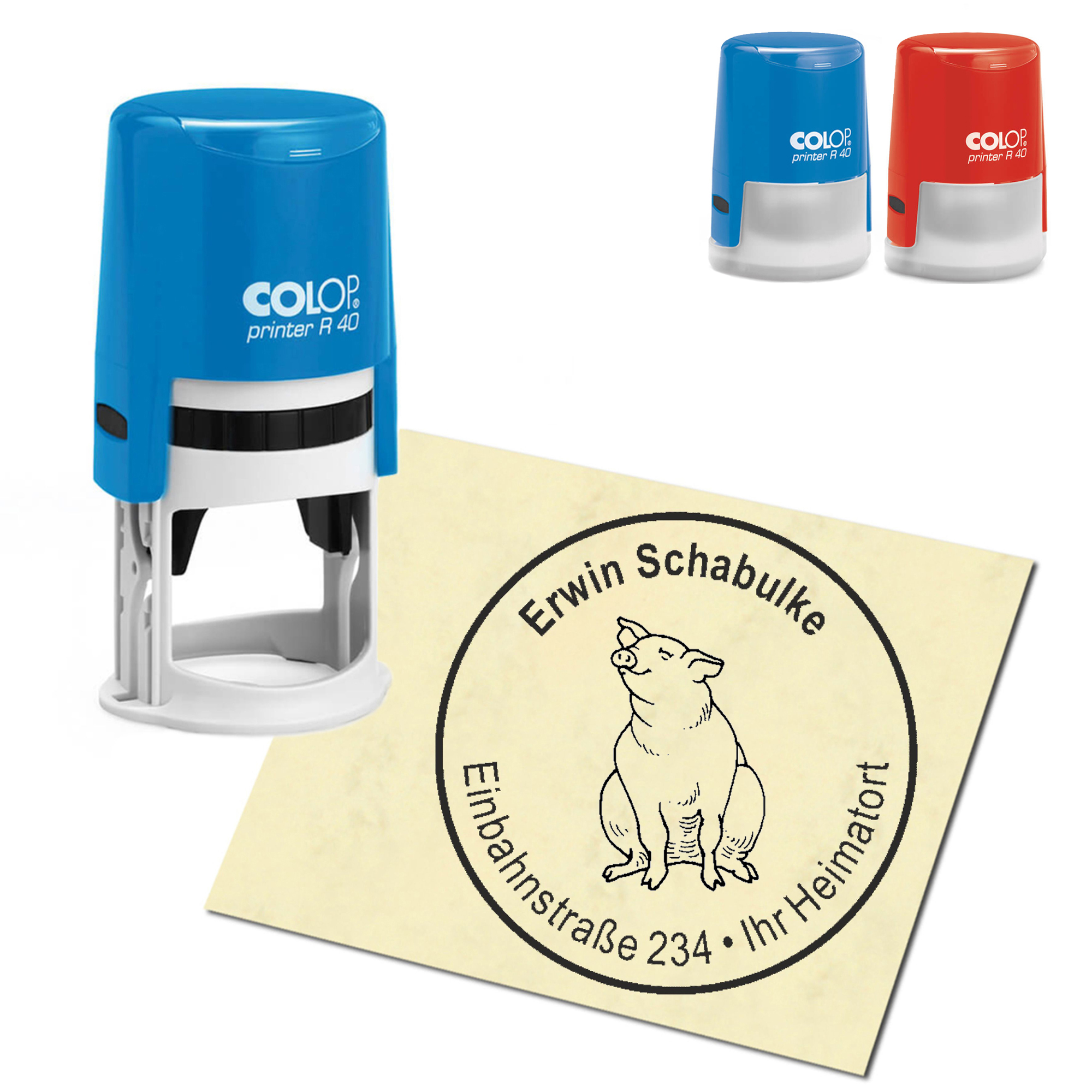 Stempel Adressstempel personalisiert - sitzendes Schwein - rund &empty; 40mm