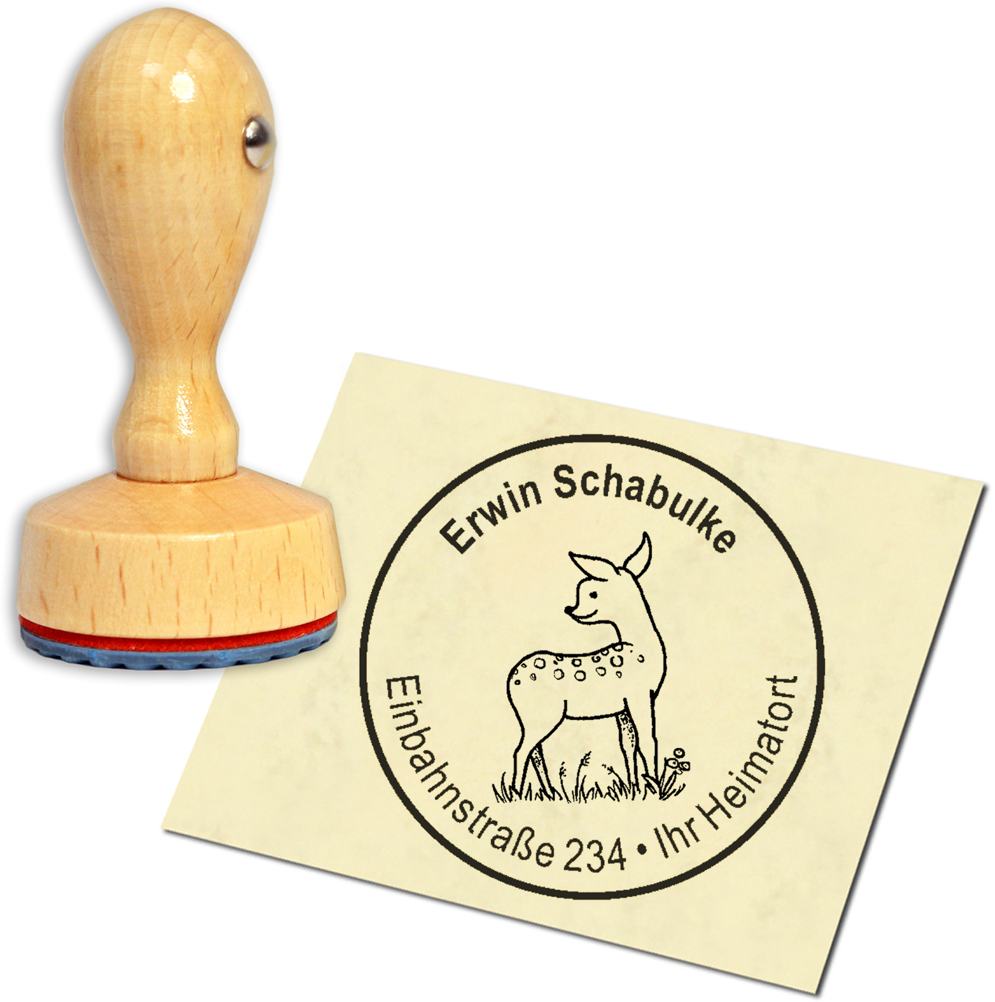 Stempel Adressstempel Holzstempel - niedliches Reh Rehkitz - rund 40mm