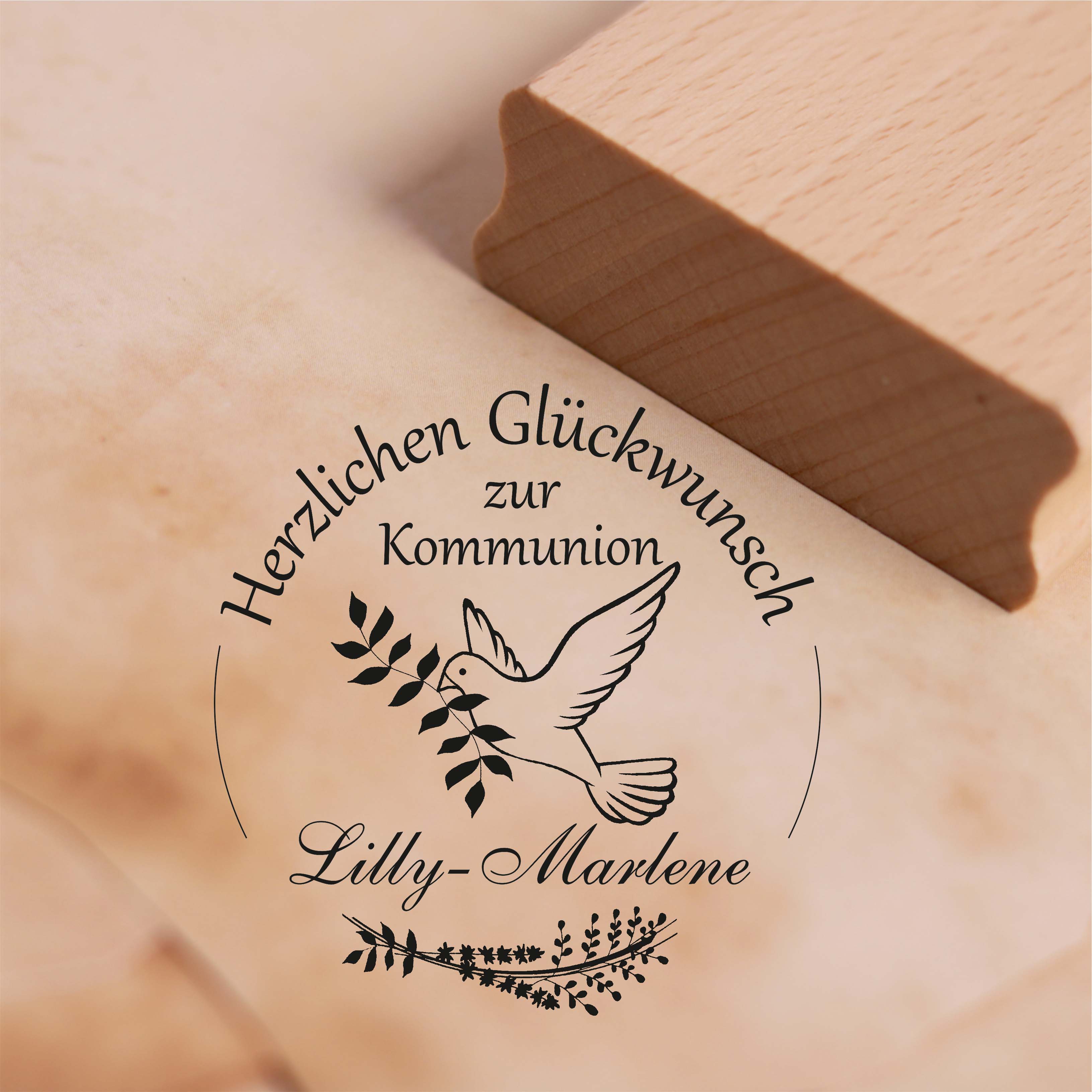 Stempel Herzlichen Glückwunsch zur Kommunion mit Name - Taube Kranz Motivstempel 38 x 38