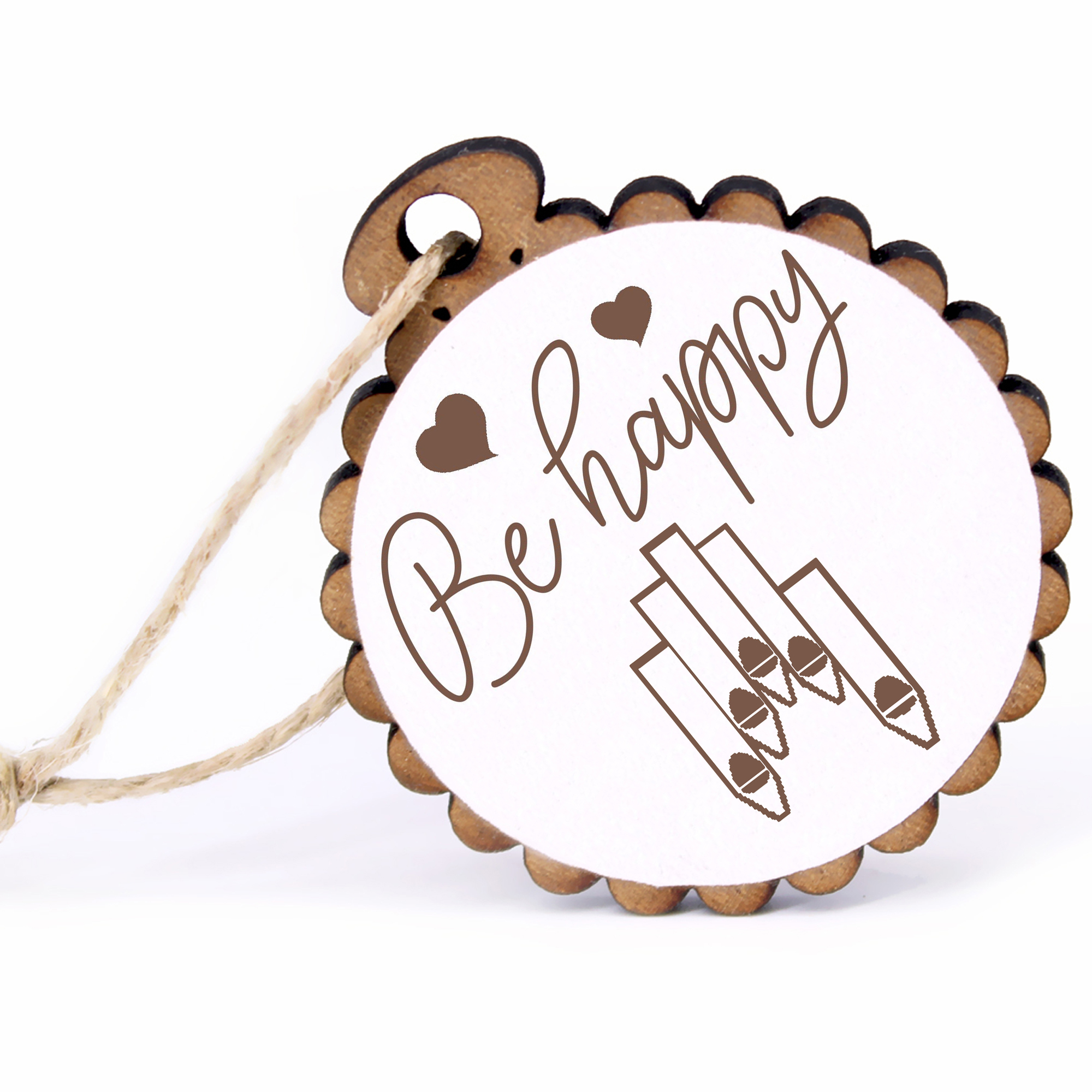Geschenkanhänger - Be Happy Orgelpfeife -  Holz Ø-5cm - mit Juteband