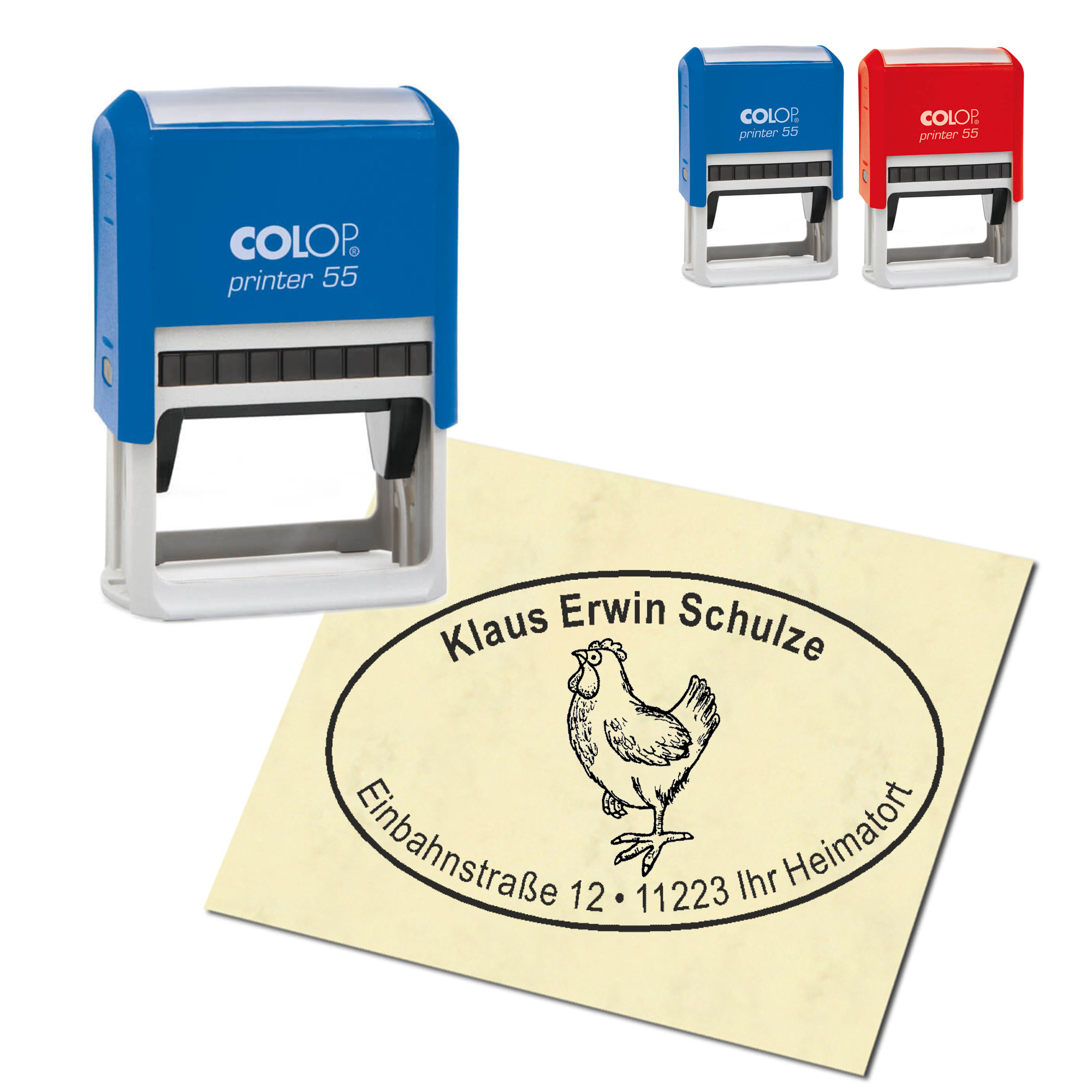 Adressstempel personalisiert Stempel - stolzes Huhn - oval 59 x 39 mm