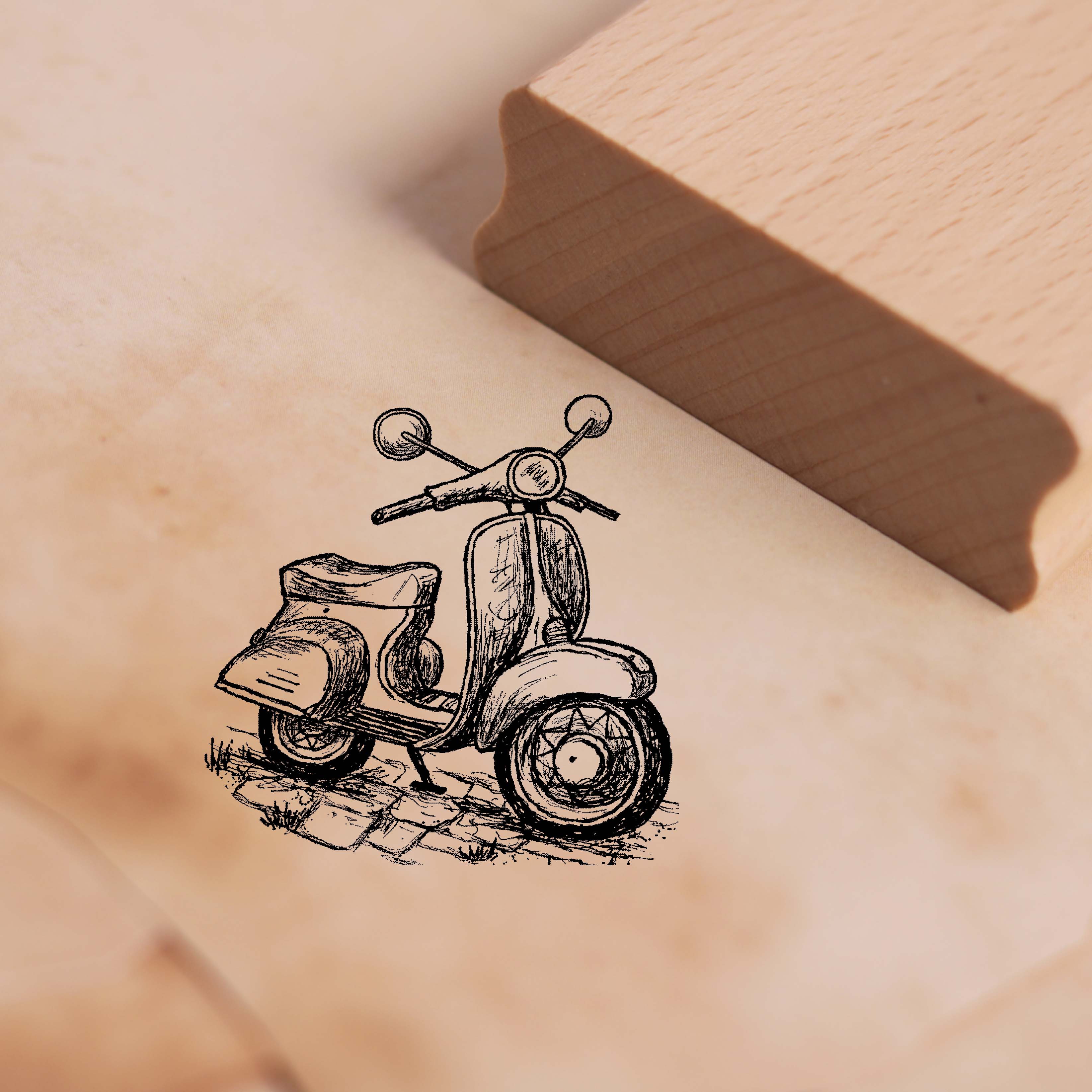 Motivstempel Motorroller Vintage - Stempel Baum Holzstempel 48 x 48 mm